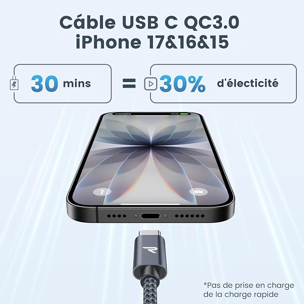 RAMPOW Cable USB C, Charge Rapide 3A USB3.0&QC3.0, Cable Chargeur USB C Cable Nylon Tressé Compatible avec iPhone 17 Pro Max Air 16/15, SamsungS22/S21/S20/S10, Xiaomi, Sony-Gris Sidéral/1M - 3