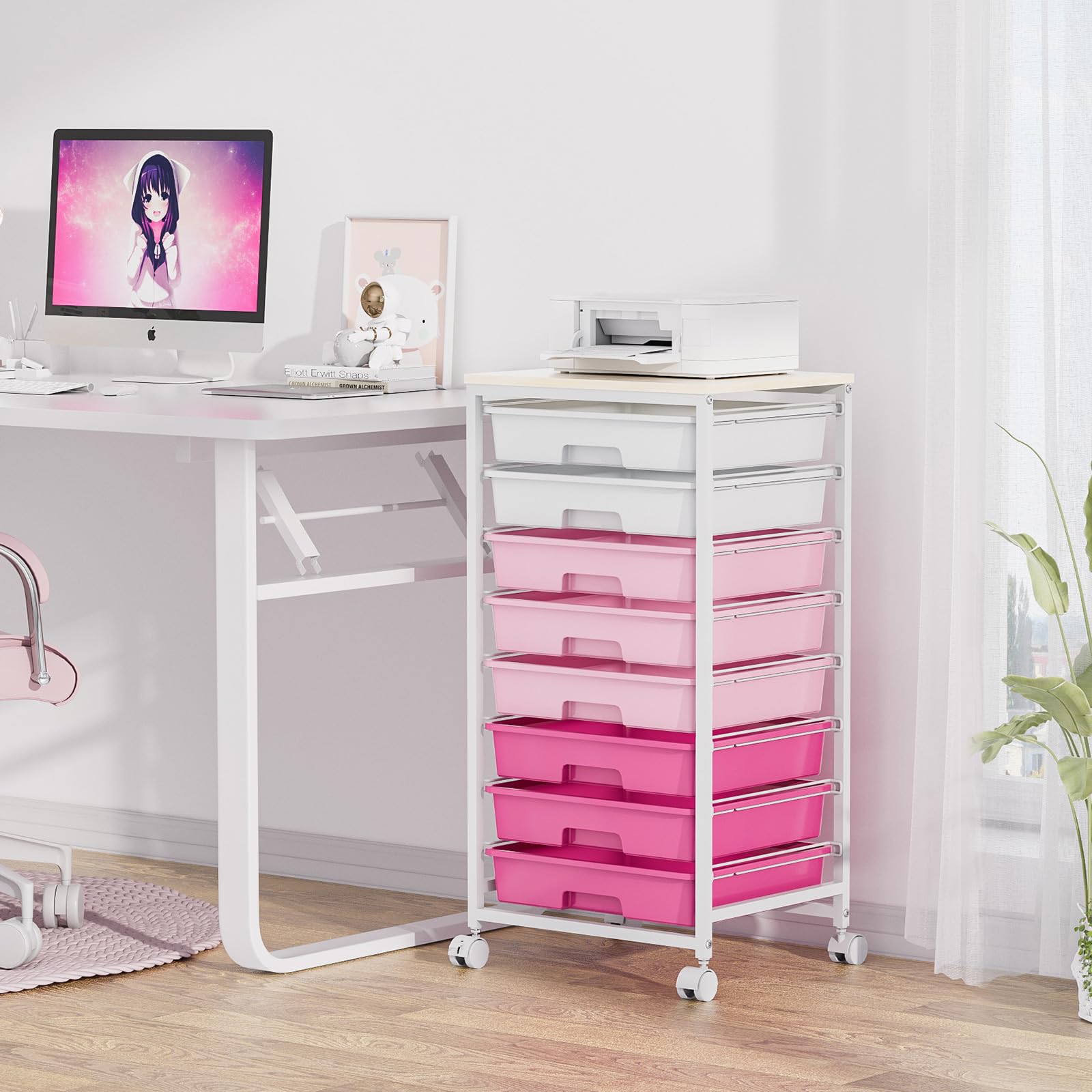 SYKIARIOL Carrito de almacenamiento de 8 cajones con ruedas bloqueables, rosa | Ruedas bloqueables, cajones de plástico, multiusos, para escuela, dormitorio, sala de manualidades, sala de estar