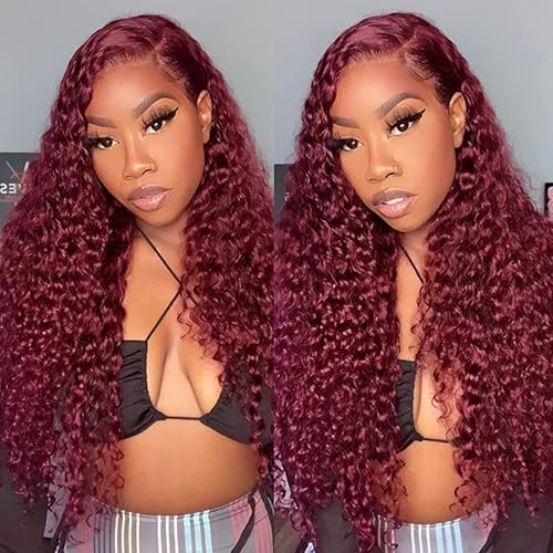 ISEE Hair 99J Water Wave Transparent Lace Front Wigs Human Hair Pre Plucked 22 Inch 150% Density Brazilian Deep Curly Wave Human Hair Wigs for Women Burgundy Colored 13x4 Lace Frontal Wigs