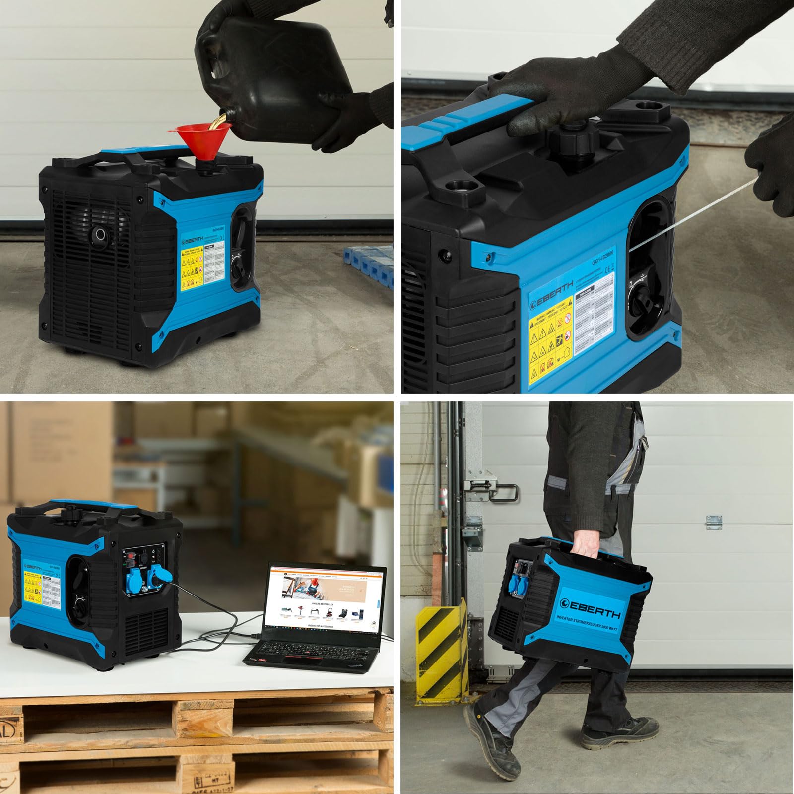 EBERTH Inwerterowy Generator prądu o mocy 2000 W, Generator awaryjny, Silnik benzynowy 2 KM, 4-suwowy, 2x 230 V i 2x USB, technologia inwerterowa zapewniająca zasilanie bez skoków napięcia