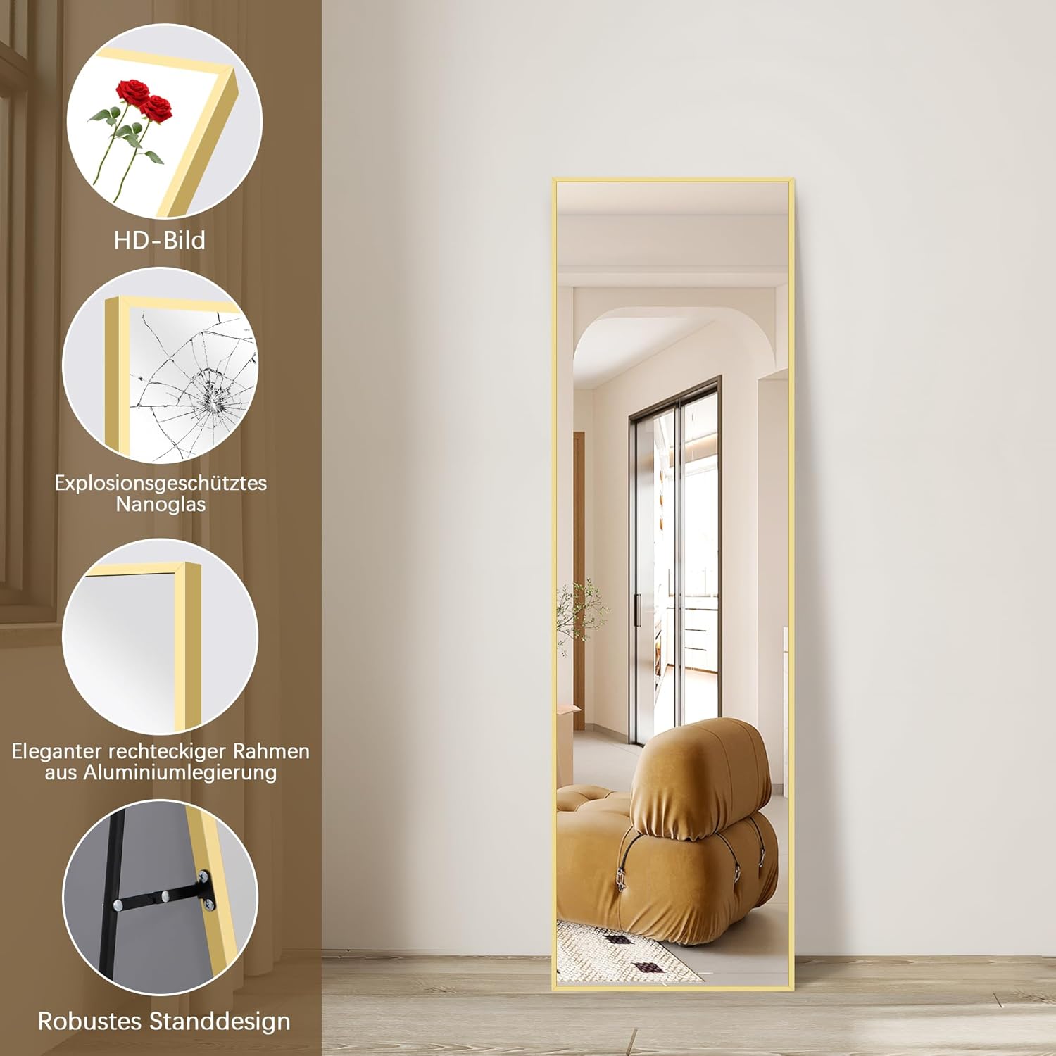 Weare Home Floor Mirror, 150 x 40 cm, Full Length Mirror, Large Standing Mirror with Aluminium Frame, Hanging or Leaning on the Wall, Standing Mirror, Bedroom (Gold)