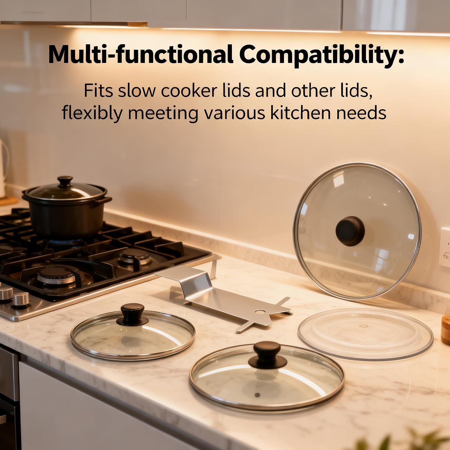 POCREATION Slow Cooker Lid Holder, Space Saving Stainless Steel Lid Organizer Stand with Upright Storage and Easy Placement for Kitchen Counter Stove Top Silver 19cm 2 Piece