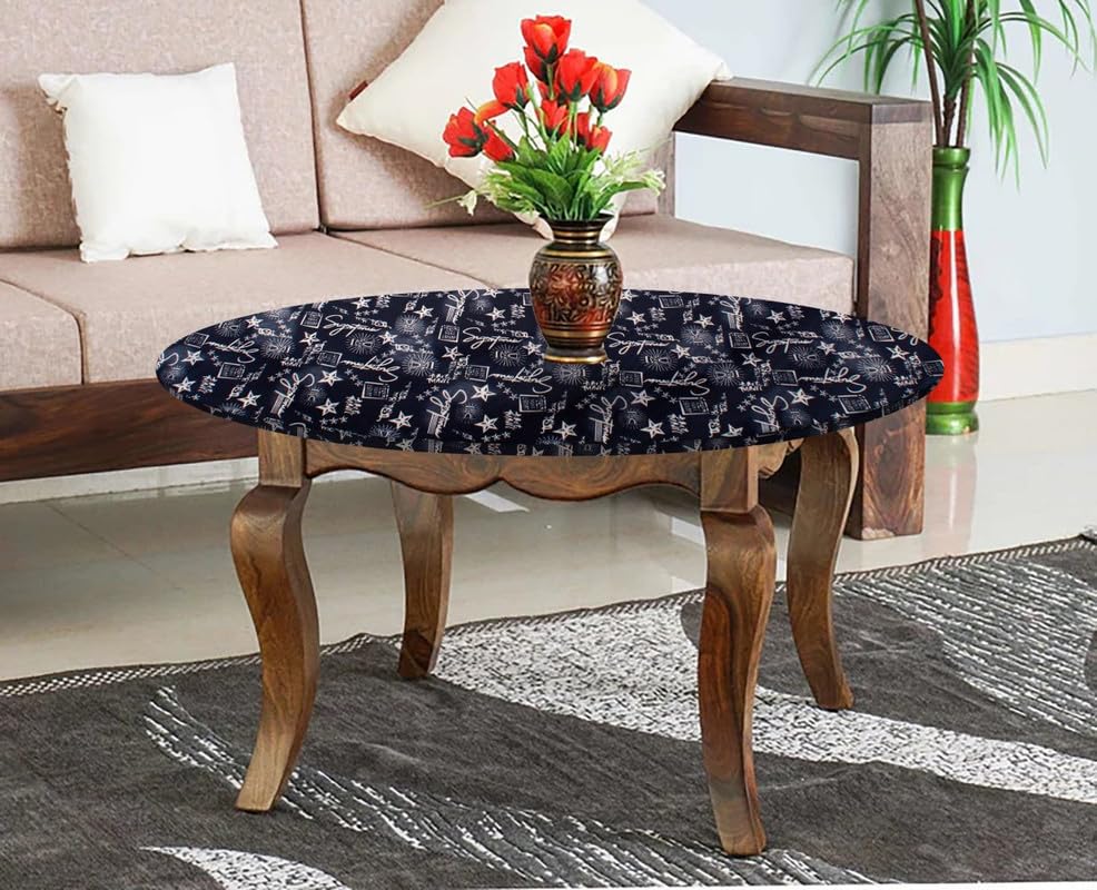 Image of The Furnishing Tree Round Elastic Fitted Center Tpoy Table Cover WxL 18x18 Inches Self Pattern Blue