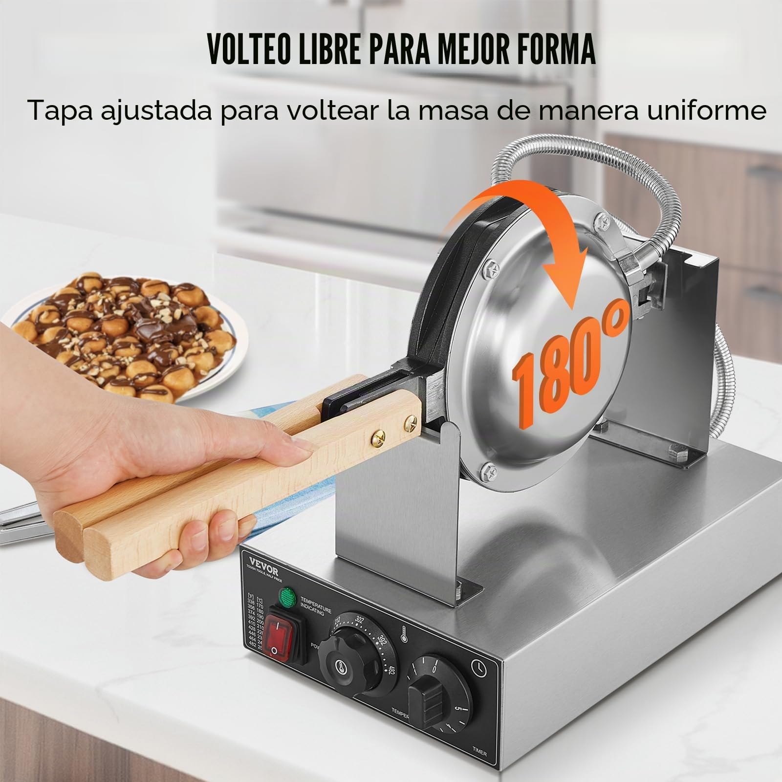 VEVOR Máquina para Hacer Gofres con Burbujas, 1400 W, Acero Inoxidable Antiadherente, Control Temperatura y Tiempo, Mango de Madera, para Restaurantes, Panaderías, 593 x 220 x 268 mm, Plata, 1P