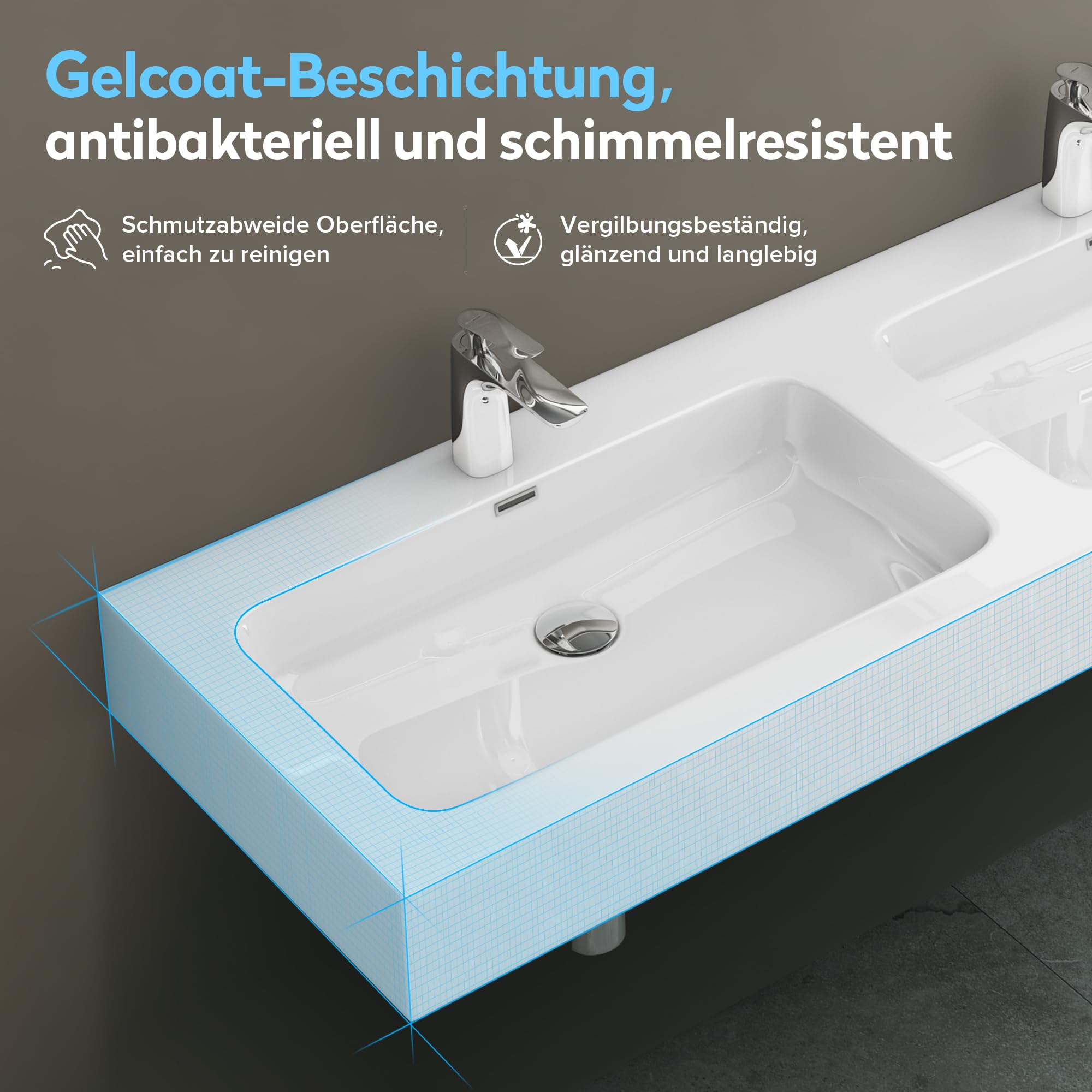 doporro Lavabo da Appoggio, Lavandino Bagno 140x48x13cm, Lavabo da Minerale Fuso Colossum830, due Fori per la Rubinetteria, Bianco Lucido