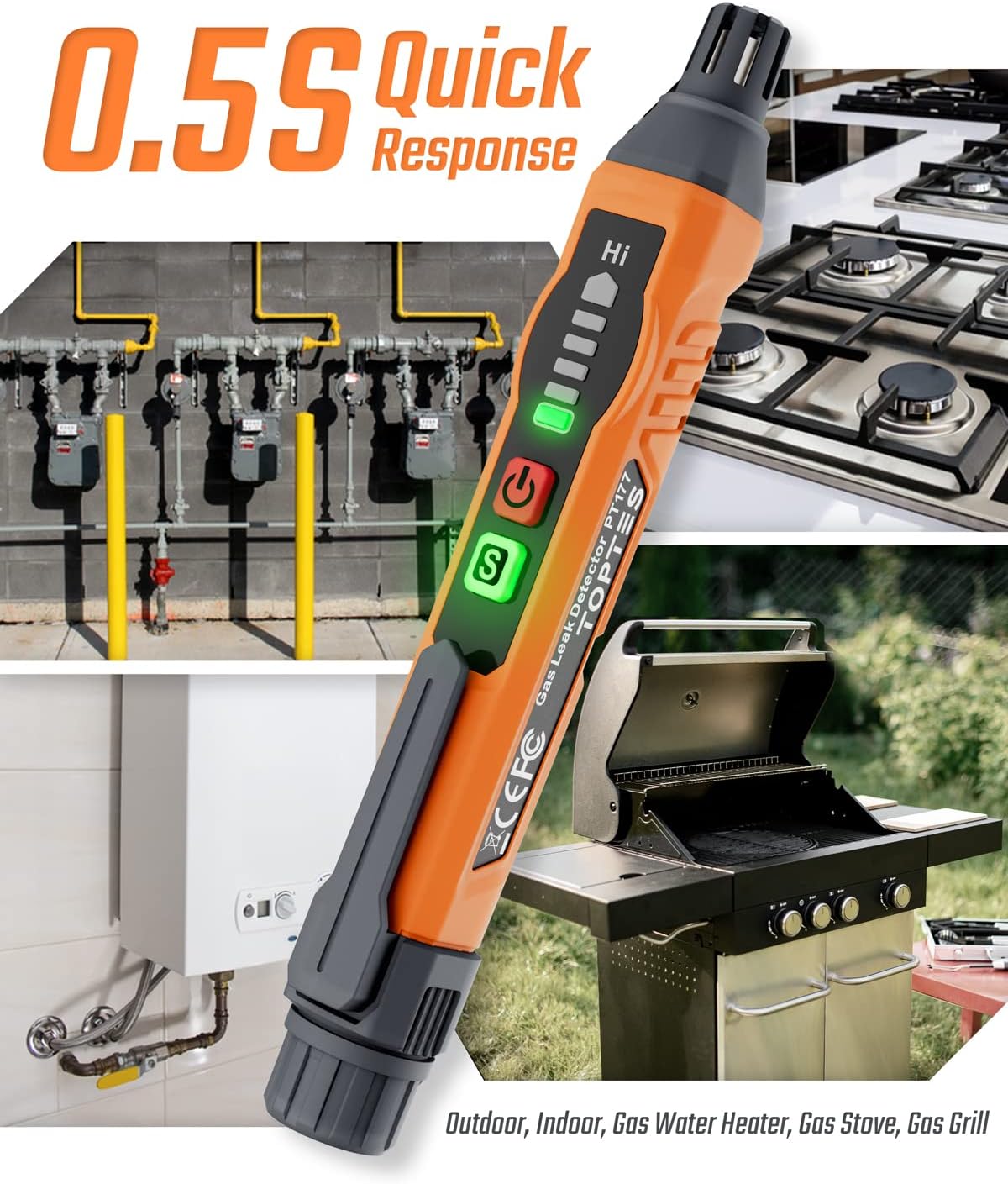 Natural Gas Detector, TopTes PT177 Gas Leak Detector with Audible & Visual Alarm, Portable Gas Sniffer to Locate Combustible Leak Sources Like Methane, Propane for Home (Includes Battery x2)-Orange - Image 3