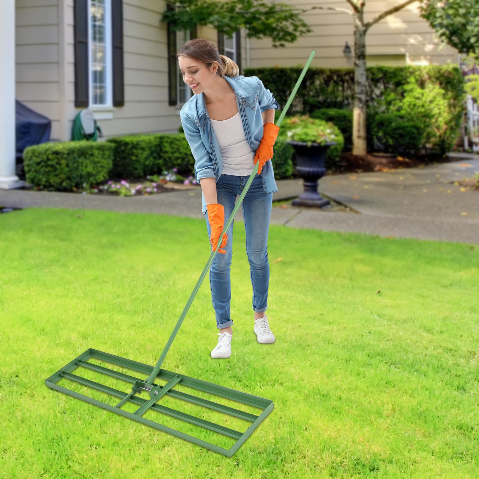 Rastrillo nivelador de césped con rotación de 180 Grados para nivelar fácilmente Superficies sucias y aceitosas en Patios, Jardines y Campos de Golf.