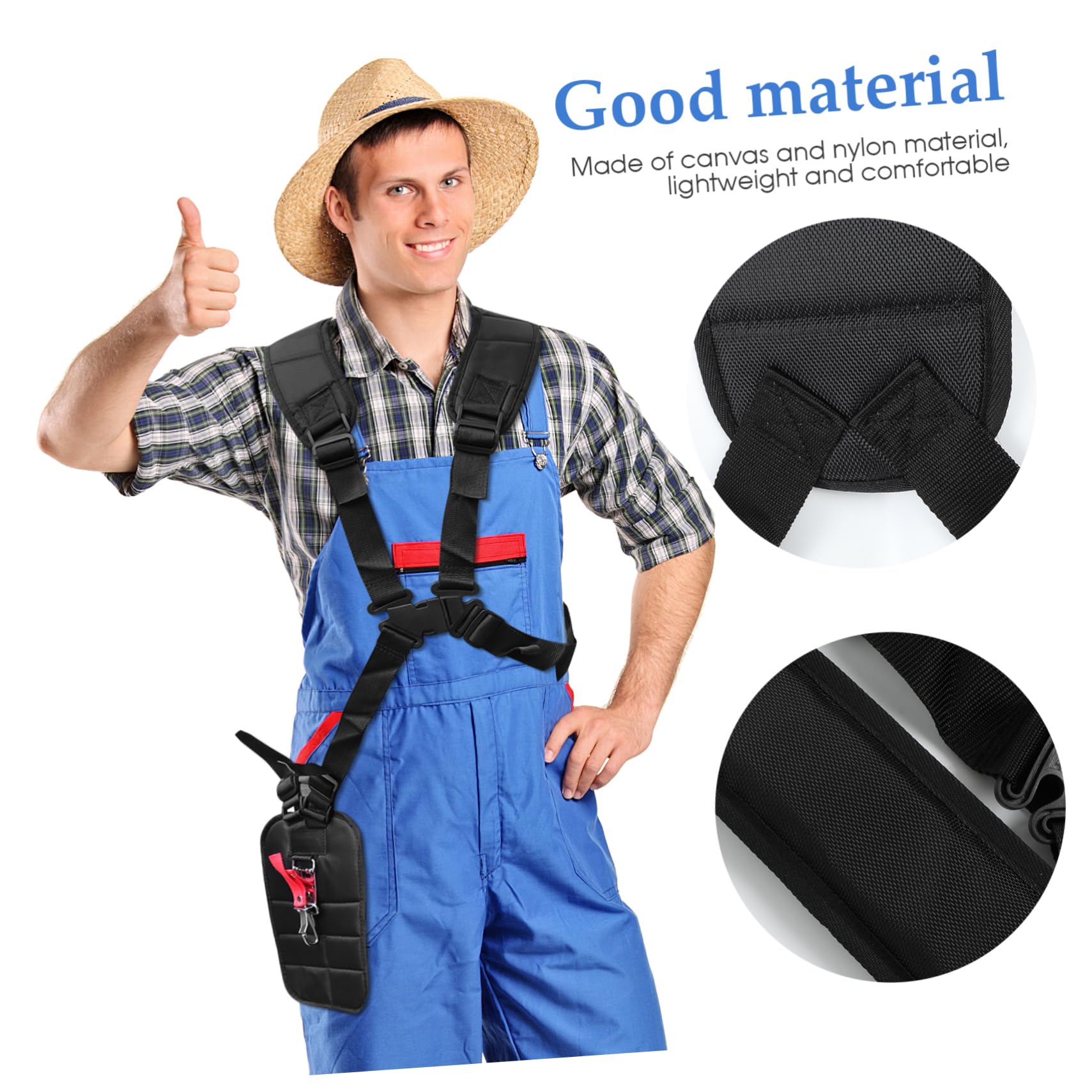 Imbracatura Doppia Spalla e Gancio Porta Attrezzi in Nylon Nero per Decespugliatore con Cinghia Regolabile per Riduzione Affaticamento Durante Lavoro