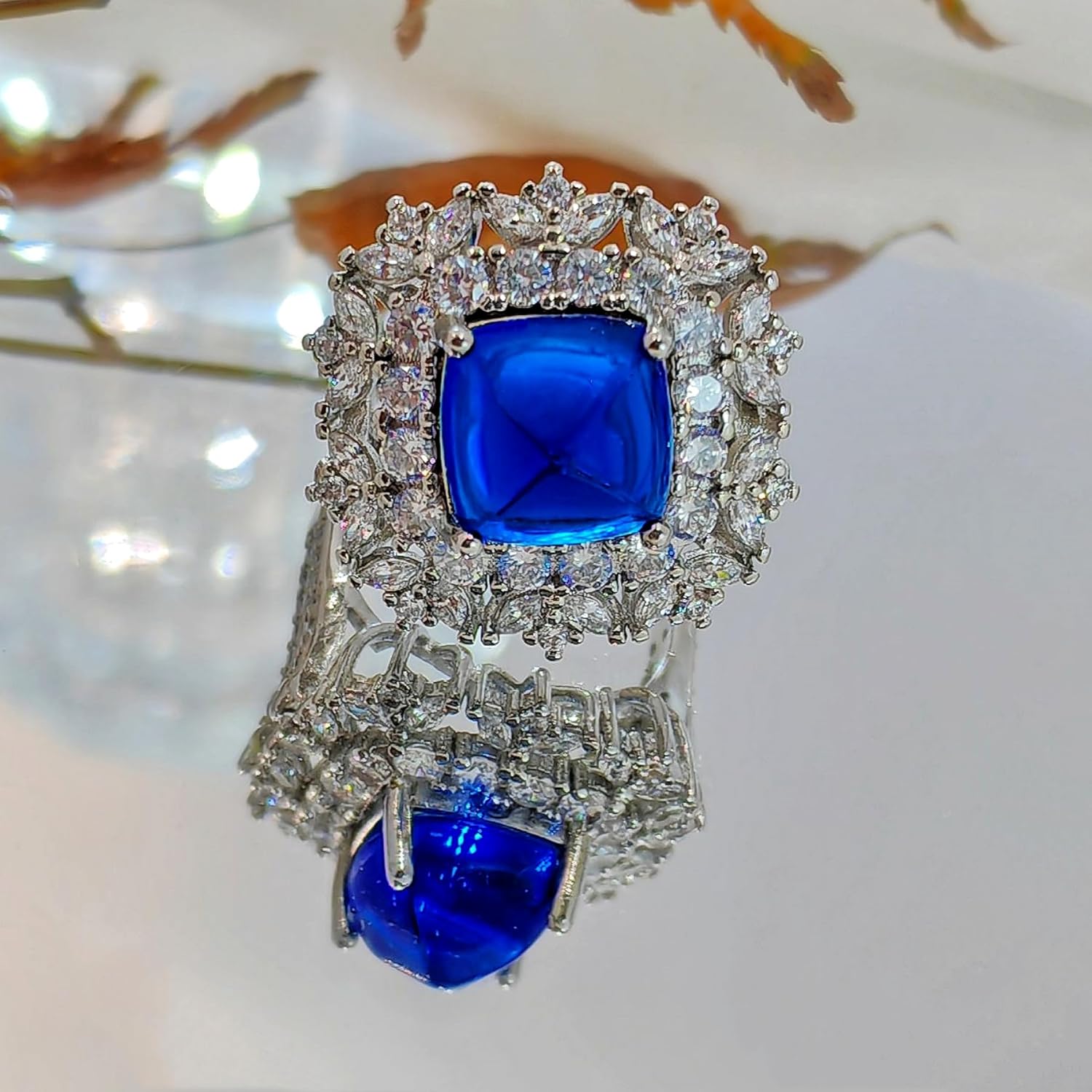 Luxury Statement Ring with Blue CZ Center Stone, CZ Stones Halo, Silver-Tone - Image 3