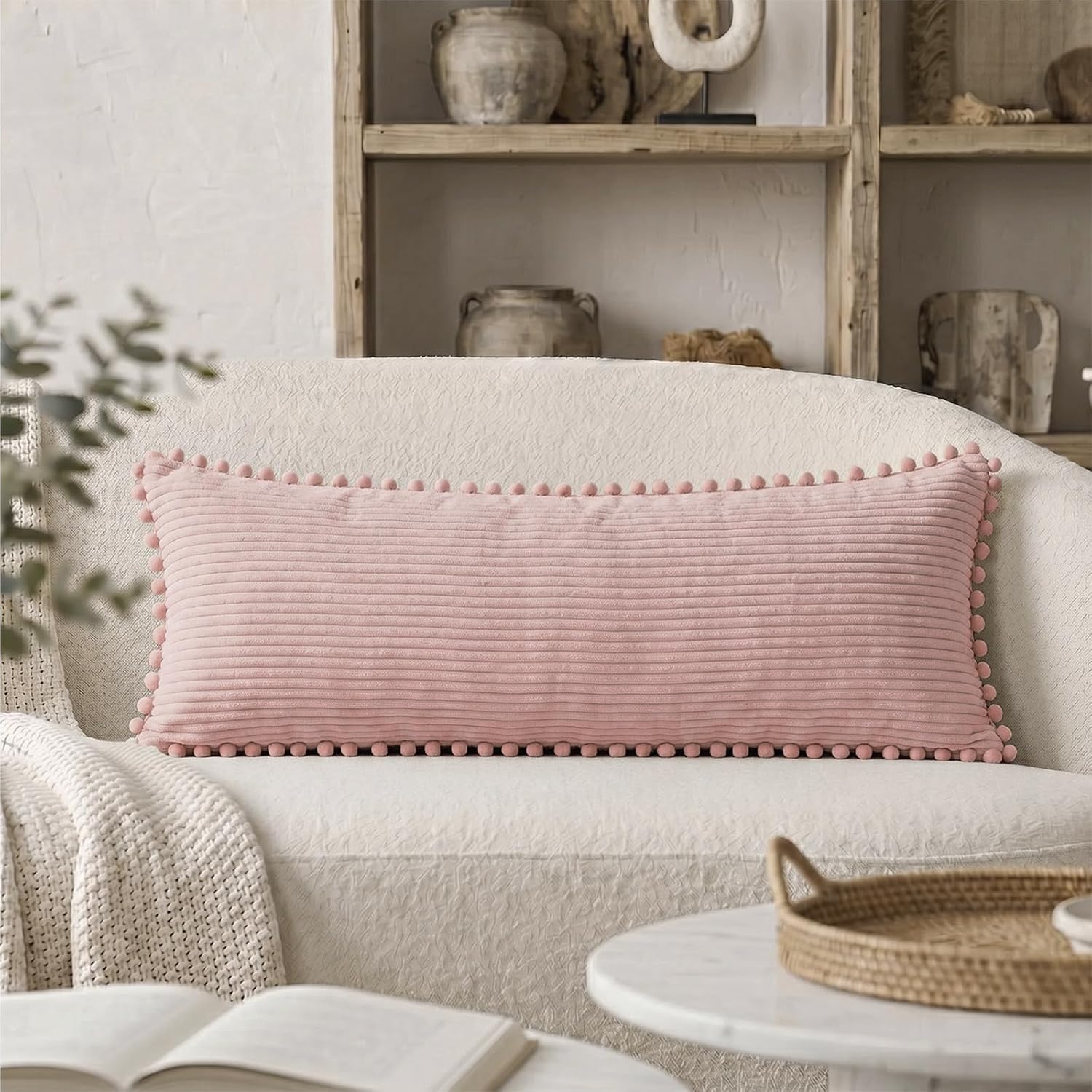 Fancy Homi 1 Pack Blush Pink Lumbar Body Decorative Throw Pillow Covers 14x36 Inch with Pom-poms for Couch Sofa Bed, Farmhouse Boho Rustic Decor, Soft Corduroy Rectangle Solid Pillow Case 35x91 cm image 4