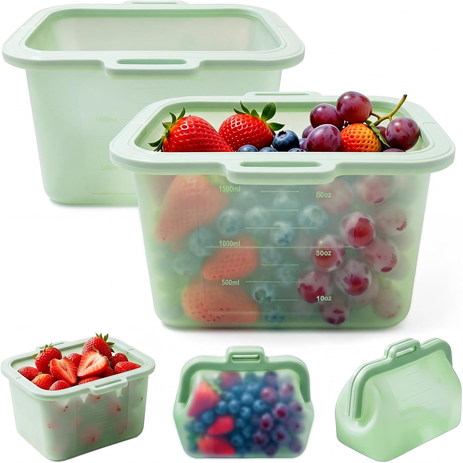 Reusable Silicone Food Storage Bags, Magnetic Seal, Translucent, Dishwasher Safe, Ideal Storage for Fruits, Veggies, Meat, Snacks & Daily Supplies, 50oz, 2 Pack