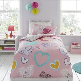 FAIRWAYUK Girls Bedding Set - Love Hearts Kids Single Duvet Cover Set with Matching Pillowcase, Ultra Soft Reversible Quilt Covers, Bedroom Accessories, Pink 137x200cm