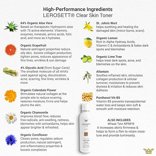 Miniatura 4 de LEROSETT - Tónico transparente para la piel, tónico a base de aloe vera con ácido glicólico y 10 botánicos calmantes que ayuda a reducir la