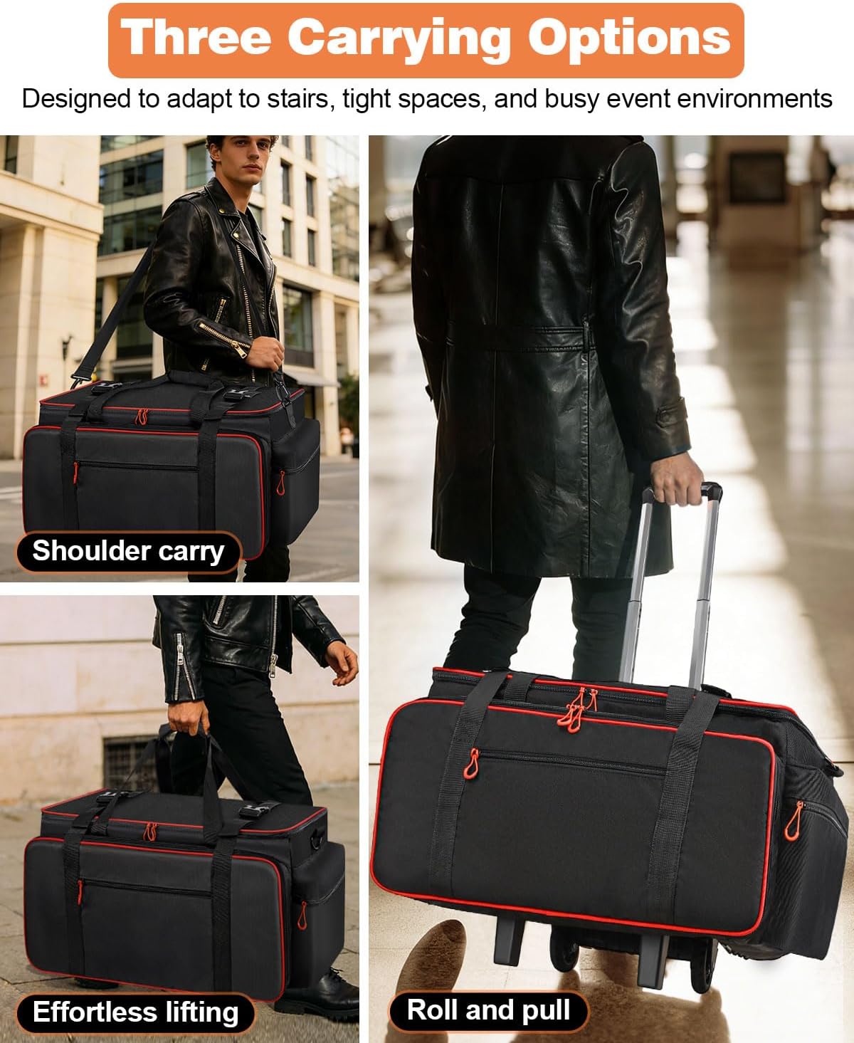 Large Rolling DJ Cable Bag with Laptop and Microphone Pocket DJ Equipment Bag with Detachable Dividers & Trolley, Padded Cable Organizer Bag, Waterproof Gig Bag for Professional DJ, Music Gear Travel