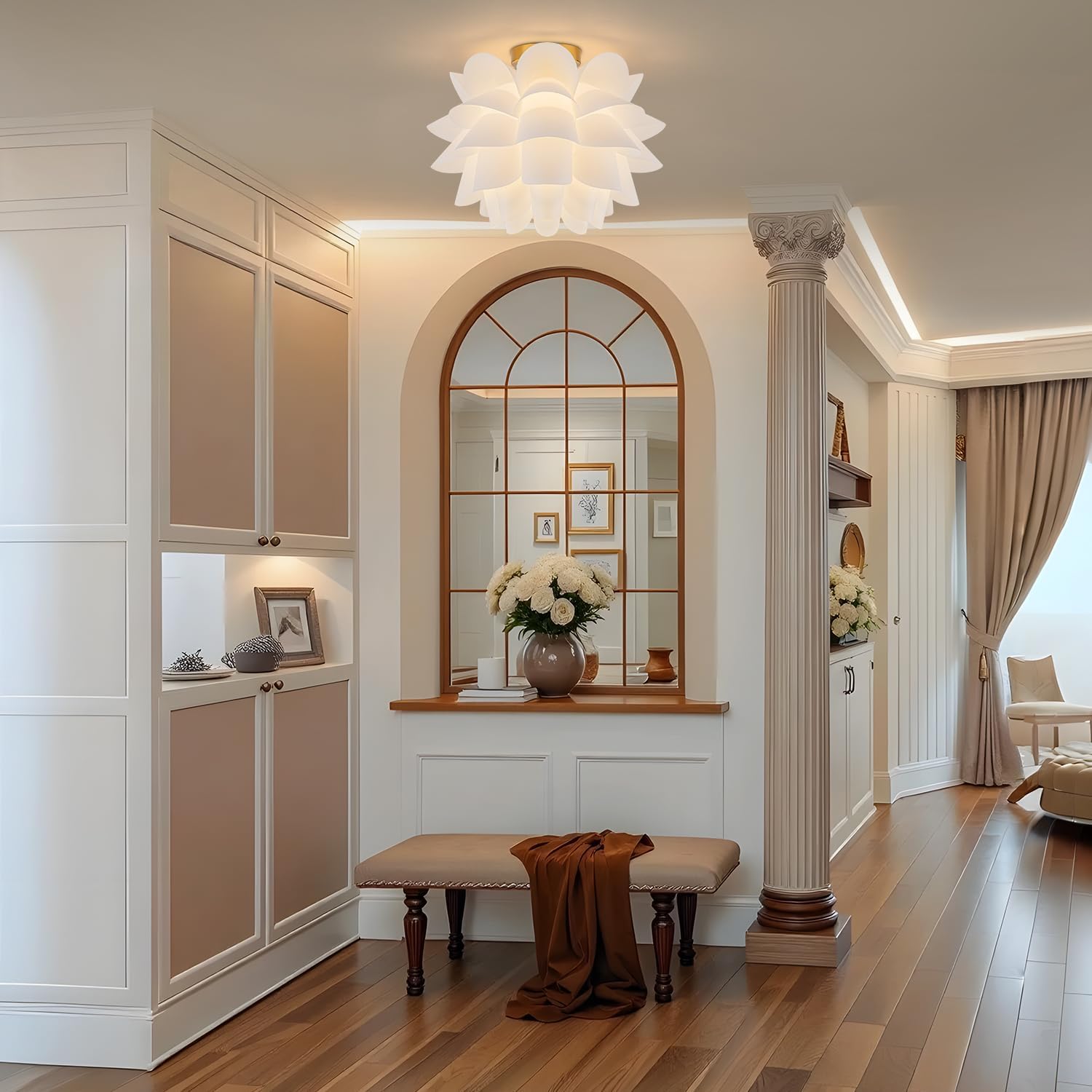 15.75" Modern Flush Mount Ceiling Light fixtures,Gold Semi Flush Mount Flower Chandelier for Bedroom.No Assembly Required Hand-Crafted Indoor Hanging Light for Entryway Living Room Kitchen