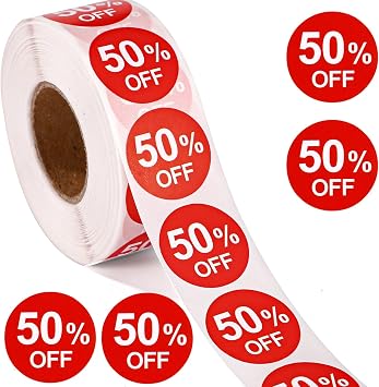 1000pcs 50% Discount Stickers, 1 Inch Round Self Adhesive 50 Percent Off Signs Practical Promotion Labels Price Sales Reduced Tags for Retail Store Supermarkets Shops Red