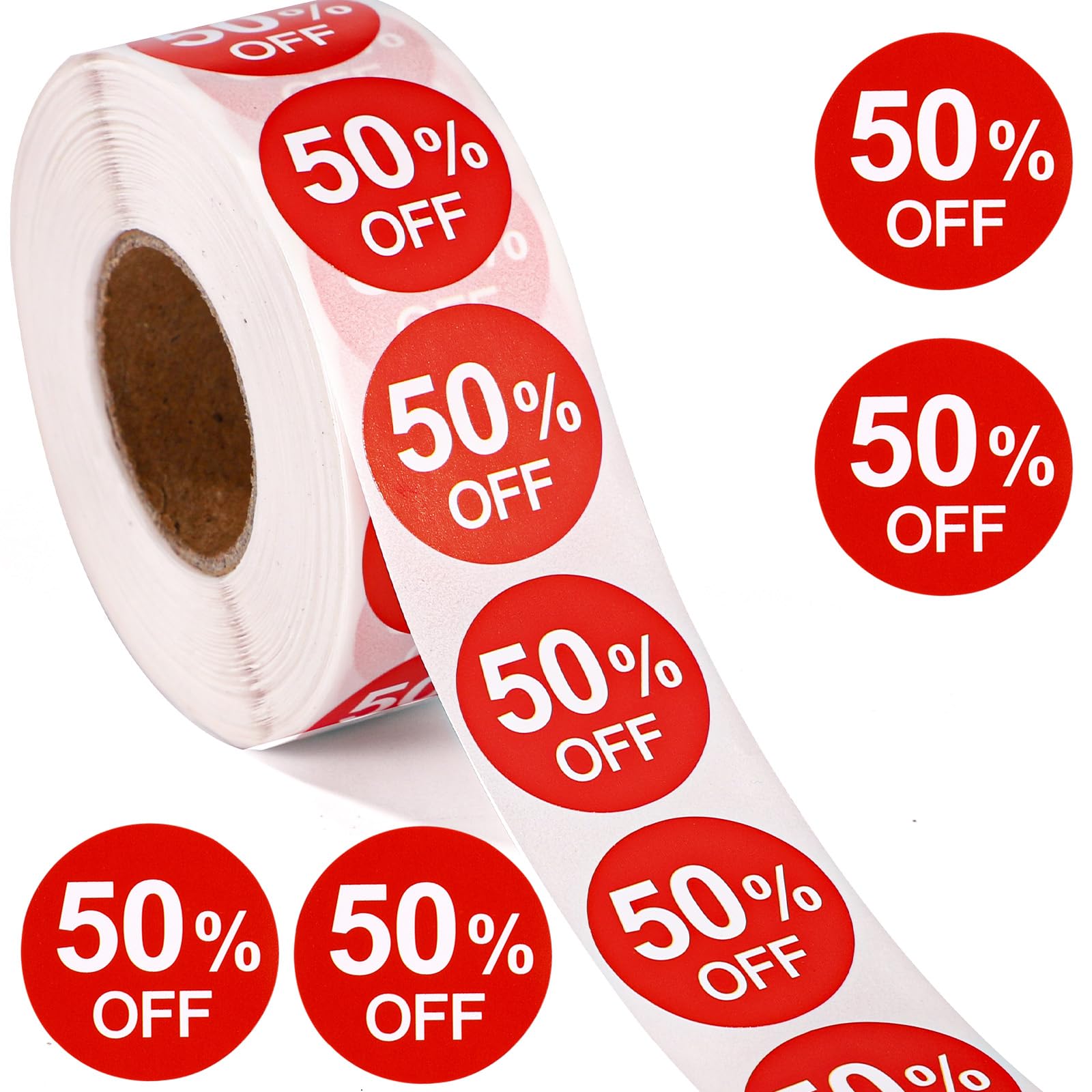 1000pcs 50% Discount Stickers, 1 Inch Round Self Adhesive 50 Percent Off Signs Practical Promotion Labels Price Sales Reduced Tags for Retail Store