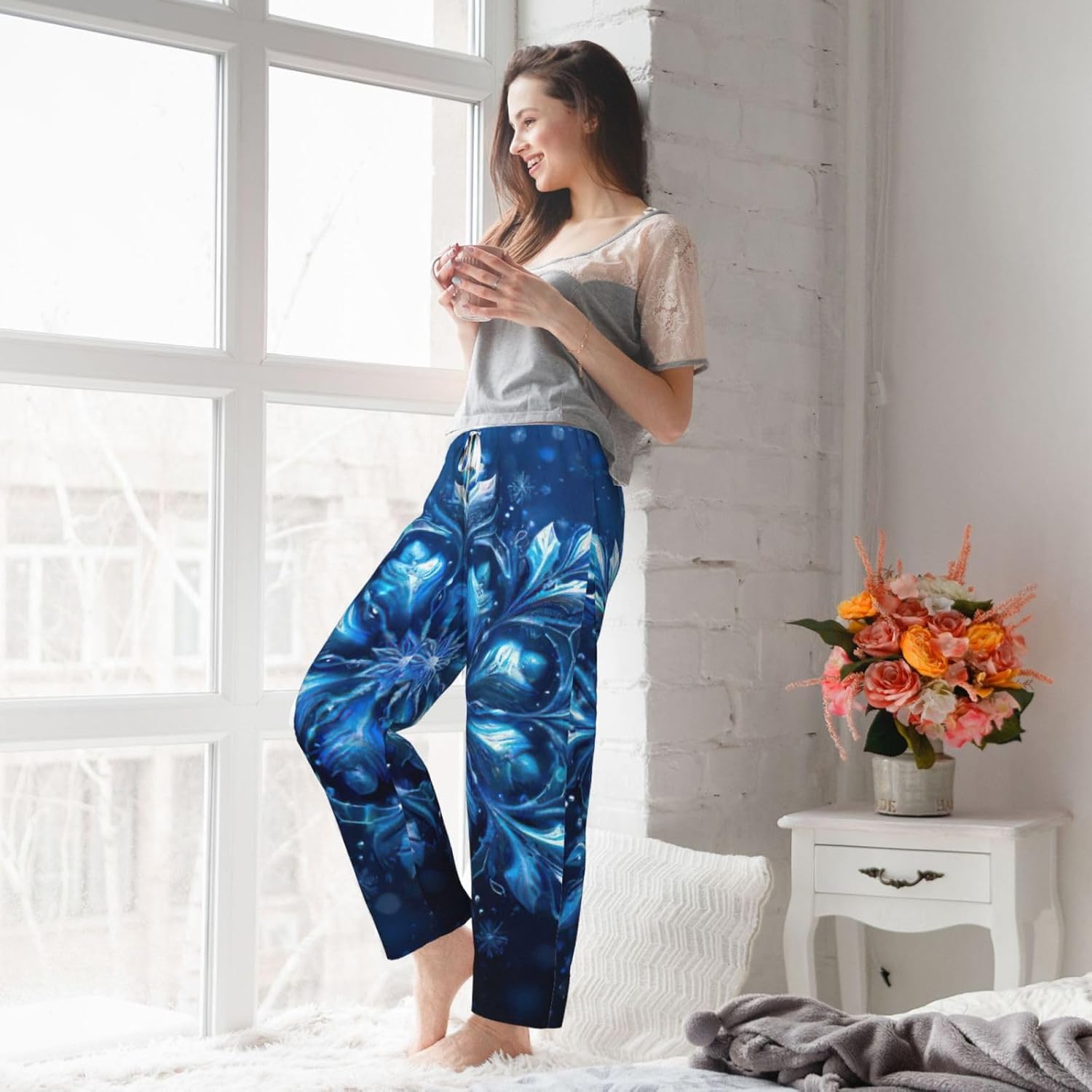 Blue Christmas Snowflake Print Fashion Cozy Womens Flannel Pajama Pants,Perfect For Christmas And Everyday Wear