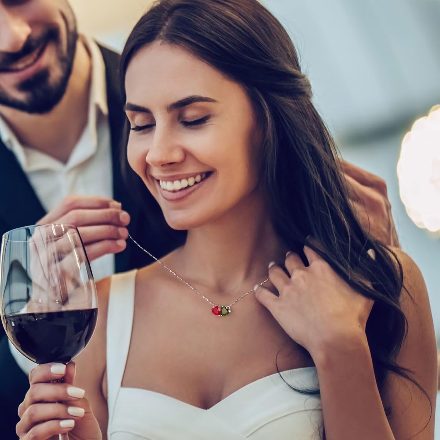 Iefil 1.25Ct Double Heart Birthstone Necklace - 925 Sterling Silver Natural or Created Gemstone, Personalized Birthstone Necklace, Birthday Gifts for Women, Jewelry Gifts for Her Mom Daughter Wife