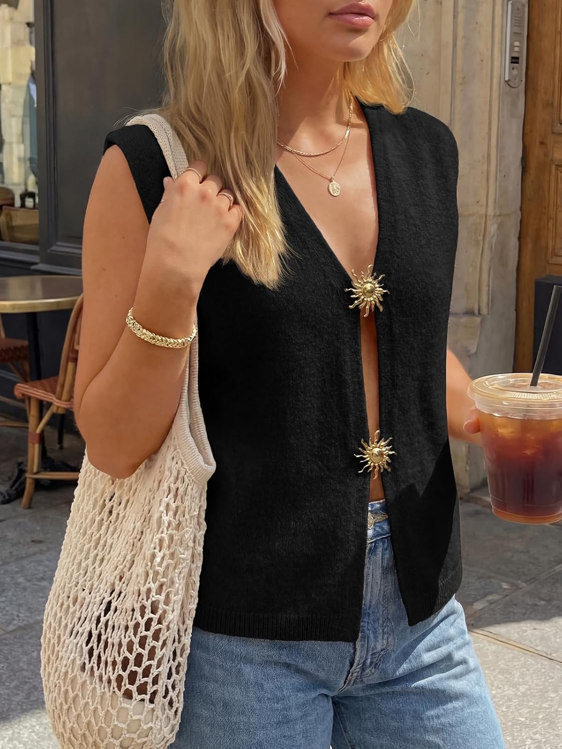 LILLUSORY Womens Vest Tops Spring Cute Sweater Knit V Neck Button Down Summer Outfits Casual Loose Cardigan