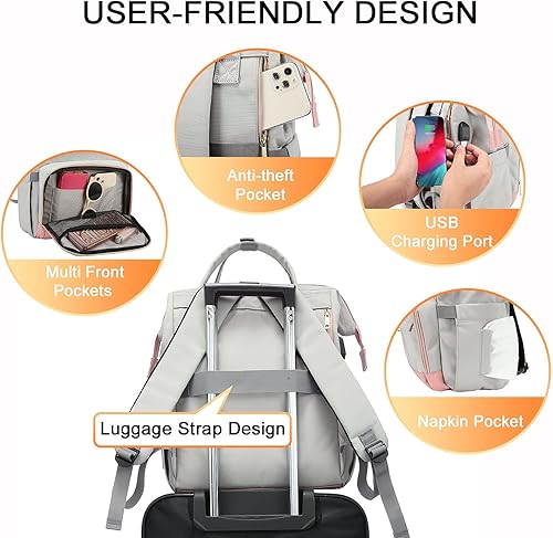 Miniatura 4 de LOVEVOOK Mochila para laptop para mujer, mochila de viaje de 17 pulgadas, bolsa de libros para enfermeras, escuela, profesores, gris claro, rosa