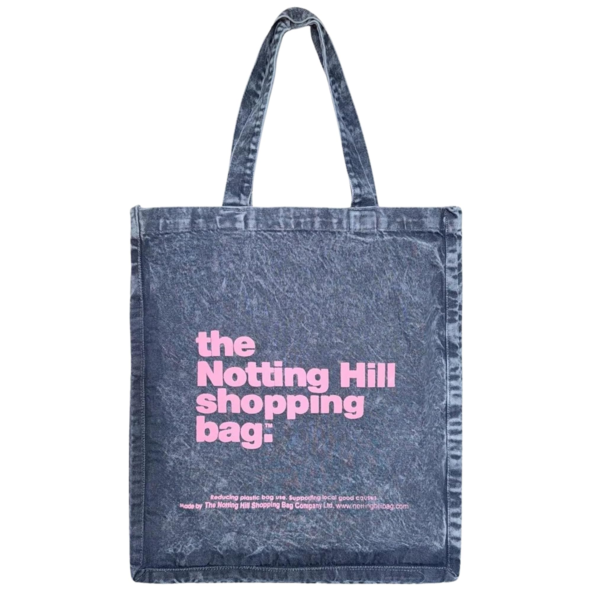 Notting Hill Large Black Denim Tote Bag – Oversized Reusable Canvas Shopping Bag with Pink Logo, Durable Cotton Shoulder Bag for Women