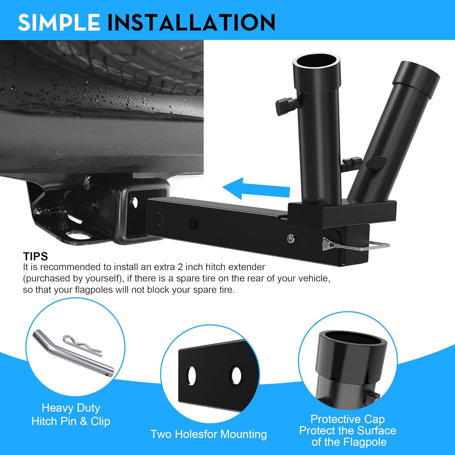 Foldable Double Hitch Mount Flagpole Holder | All Metal Heavy- Duty, Fits Standard 2" Trailer Hitch, Compatible with Jeep, Truck, SUV, RV, Pickup, Camper Trailer (Double Flagpoles) - Image 2