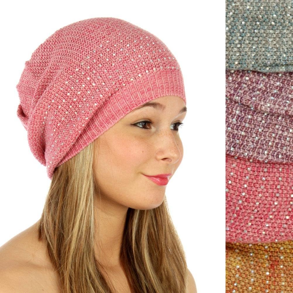 Lightweight Slouchy Pastel Rhinestone Beanie Hat for Women and Teens