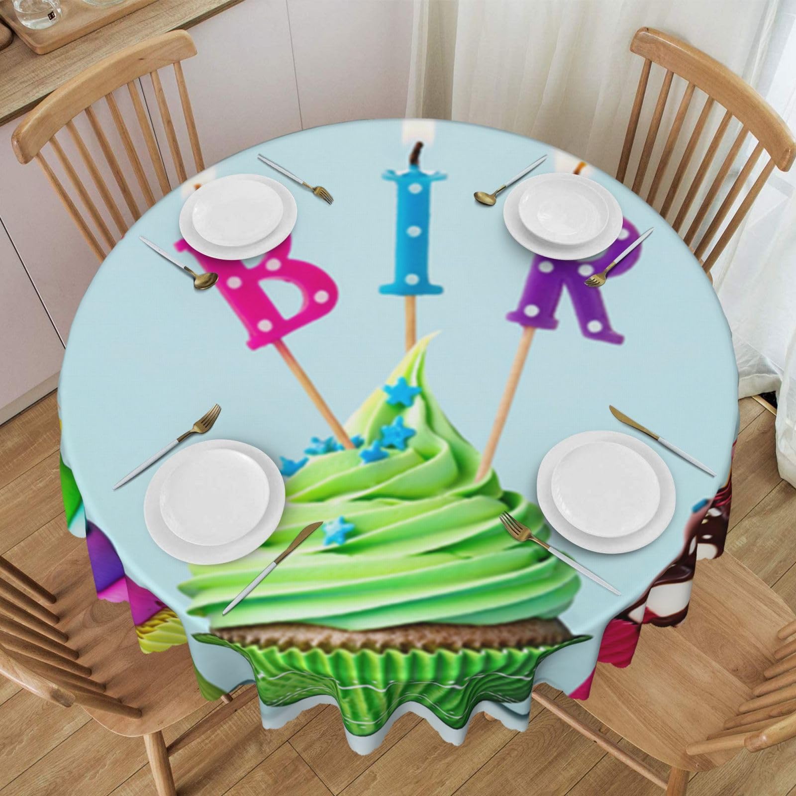 DCEHGEW 60 In Round Tablecloth with Lace, Colorful Happy Birthday Cupcakes Printed Oilproof & Washable Fabric Picnic Table Cloth Table Covers