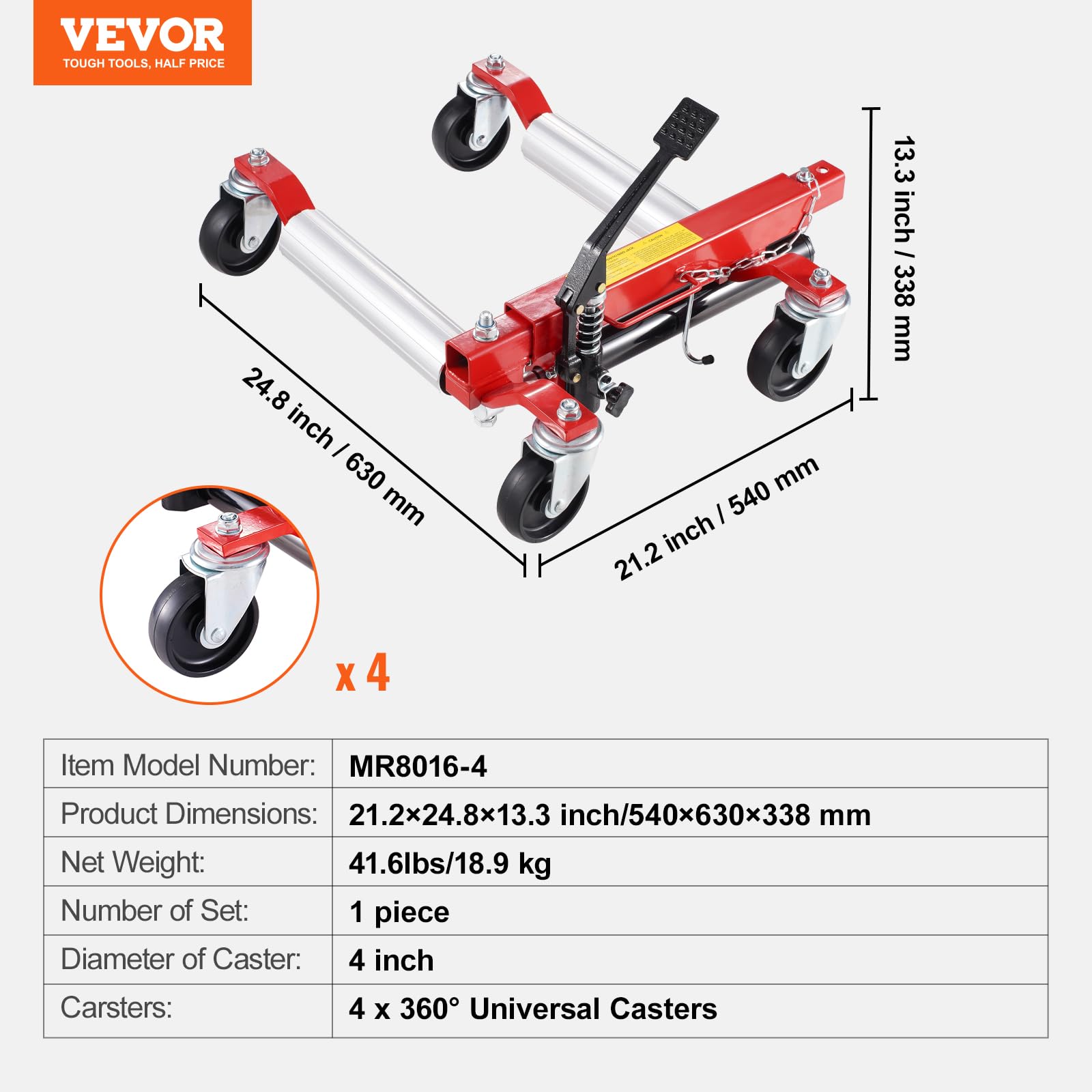 VEVOR Chariot de Manutention de Voiture Charge 680 kg, Chariot Déplace Voiture Hydraulique, avec Roues Rotatives à 360 °, Aide à la Manœuvre Positionnement pour Véhicule Camion Réparation Automobile