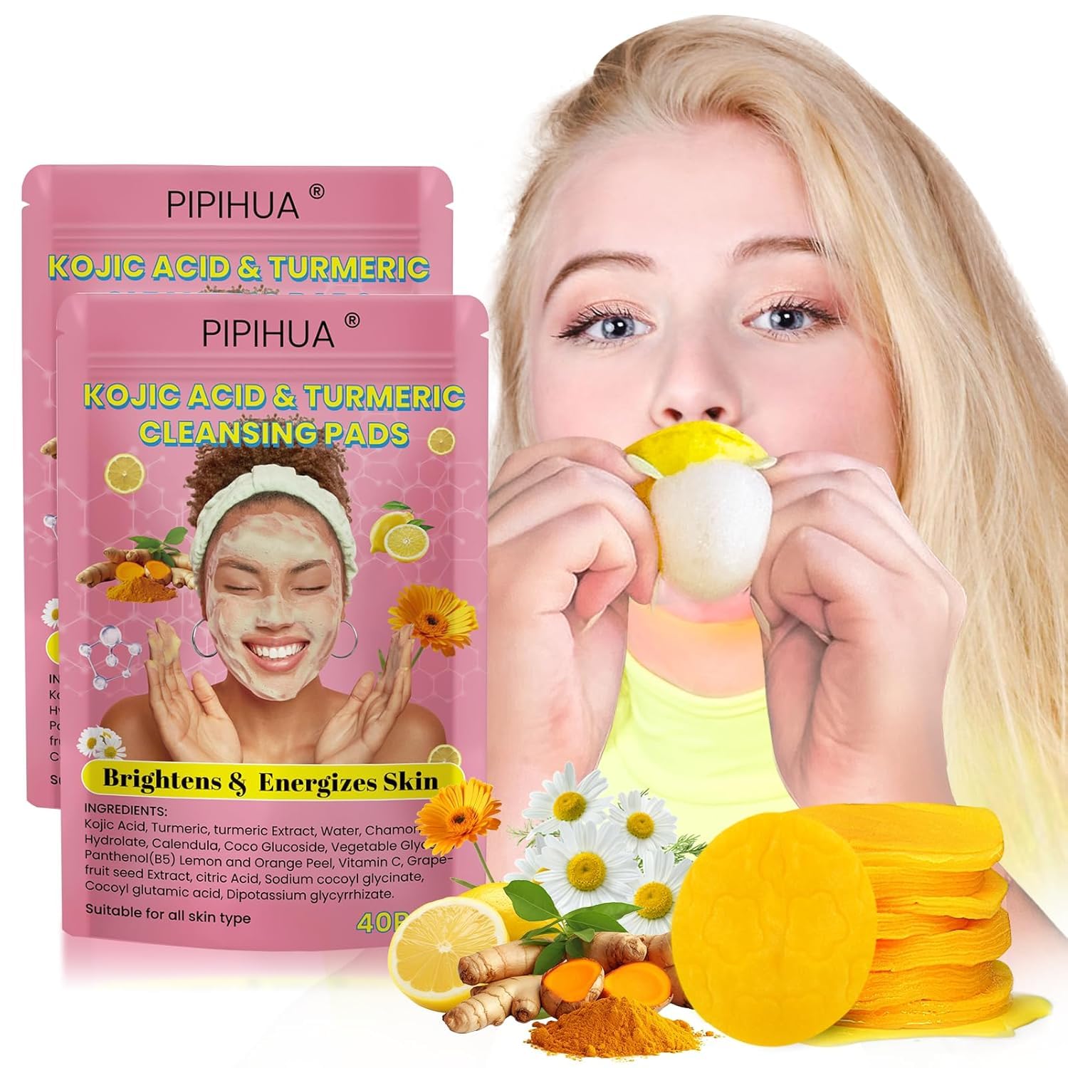 2Pack Kojic Acid and Turmeric Cleansing Pads: Cleansing for Dark Spots - Turmeric Exfoliating Face Scrub Pads - for All Skin Types