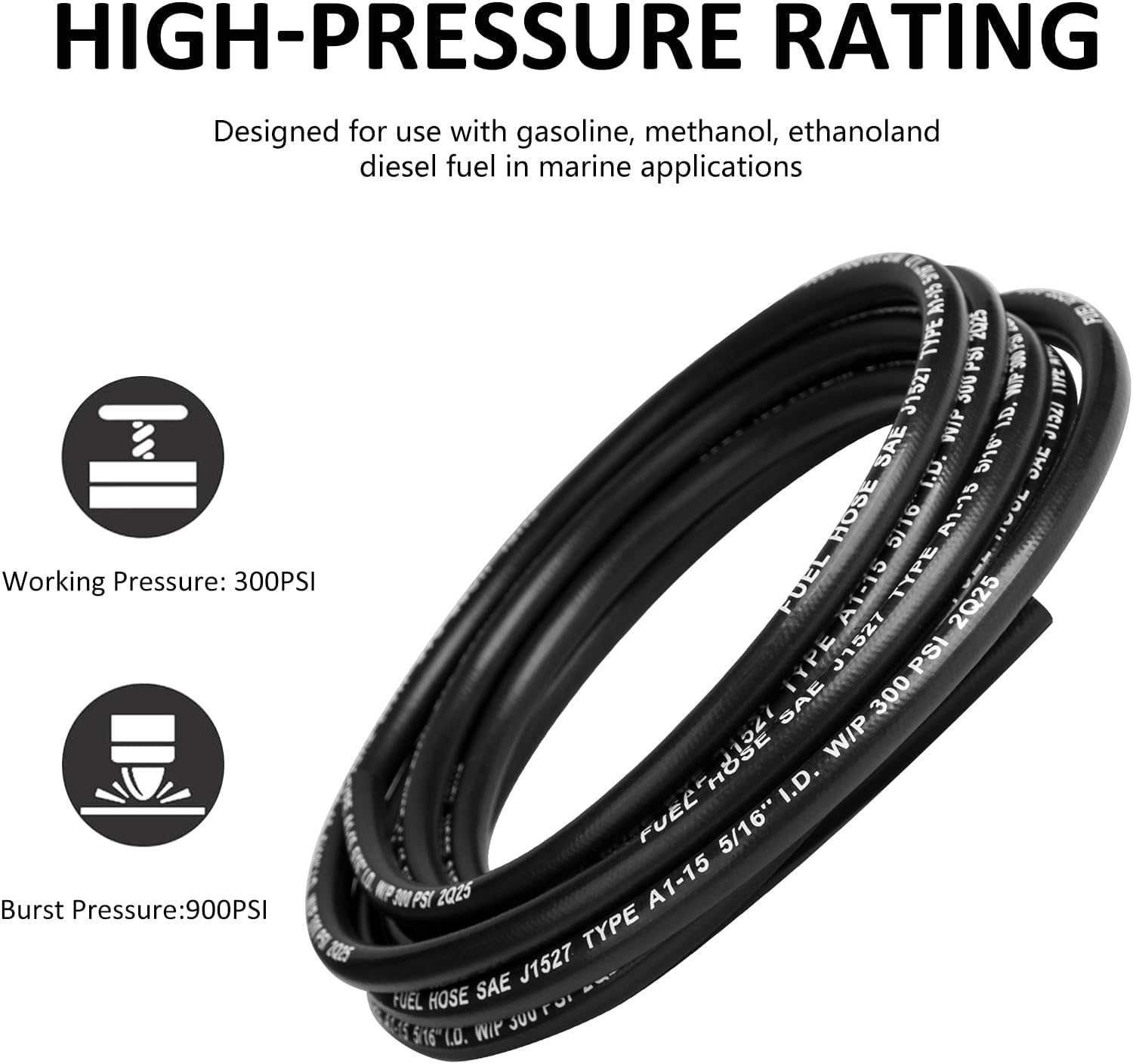 10FT 5/16" Marine Fuel Line Hose SAE J1527 300PSI High Pressure Submersible NBR Fuel Hose Type A1-15
