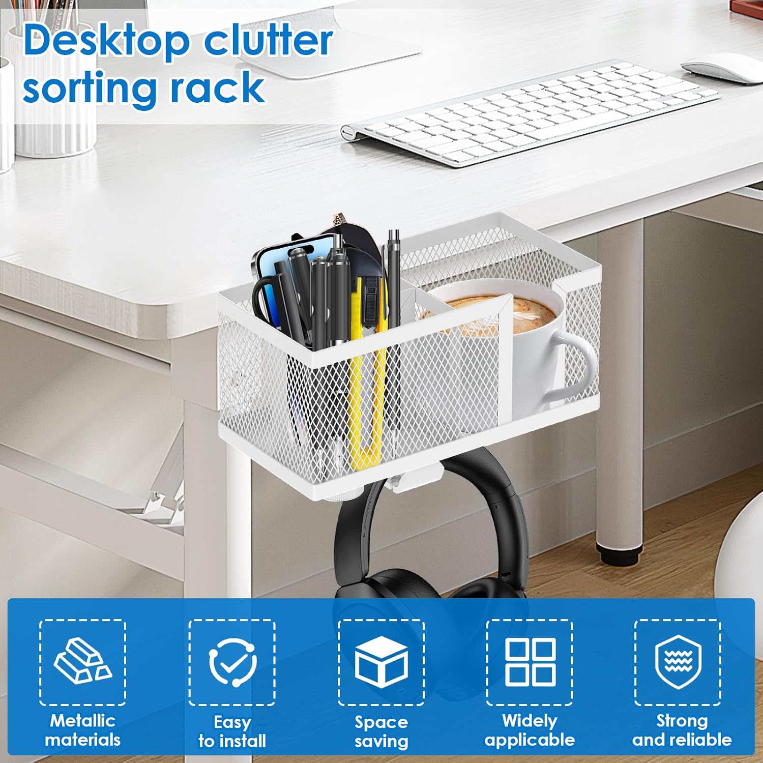 4 in 1 Clip on Cup Holder, Gaming Desk Cup Holder, Table Headphone Holder and Pen Cup Holder, Pen Holder Clamp Desk Organizer, Desk Storage for Cup, Phone and Pen (White)
