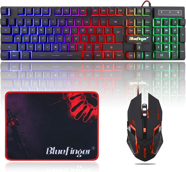 BlueFinger RGB Clavier de jeu et Combo de souris rétro-éclairées, USB Filaire, LED Jeu pour ordinateur portable PC Jeu et travail d'ordinateur (noir)