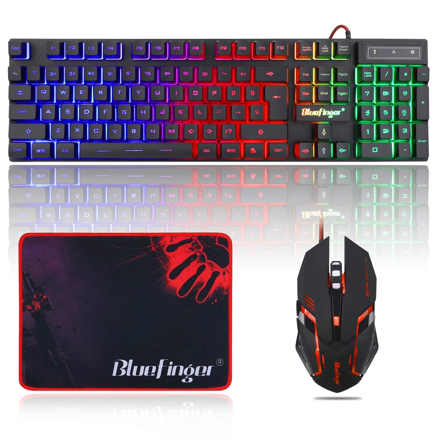 BlueFinger RGB Gaming Keyboard and Backlit Mouse Combo USB Wired LED Gaming Set for Laptop PC Computer Game