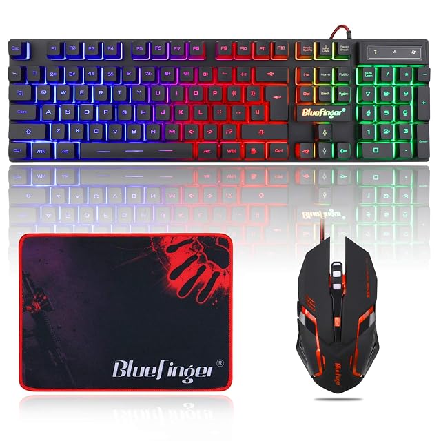 BlueFinger RGB Gaming Keyboard and Backlit Mouse Combo USB Wired LED Gaming Set for Laptop PC Computer Game