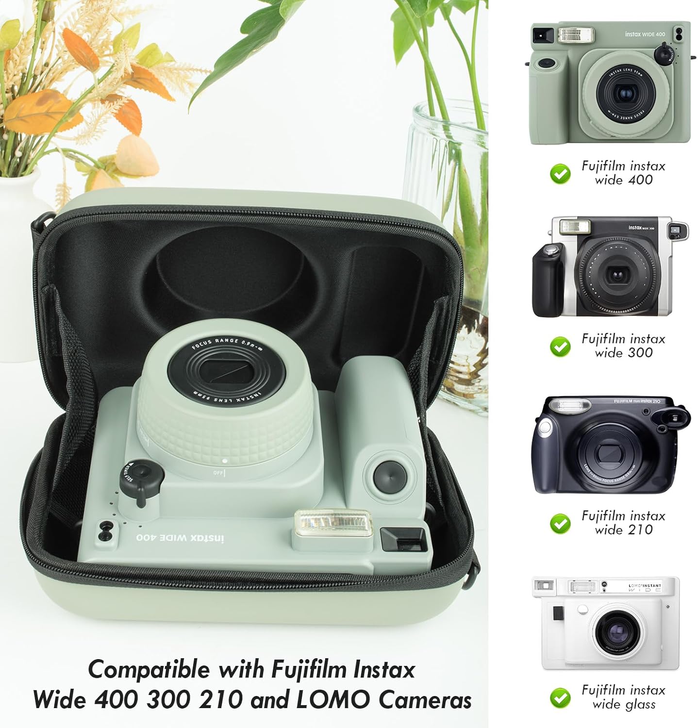 Protective Camera Case Compatible with Fujifilm Instax Wide 400, for Instax WIDE 400/210/300, LOMO Hard EVA Case Bag with Shoulder Strap, Pocket and Magnetic Frames - Green