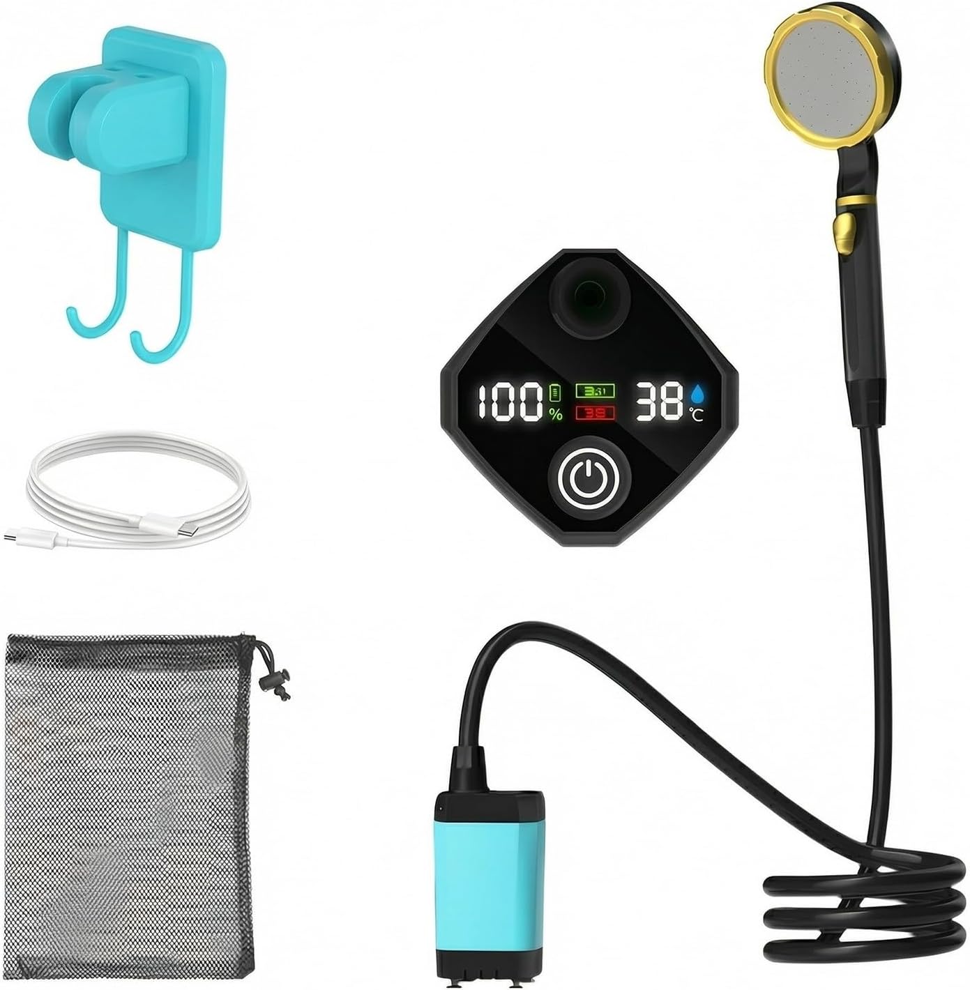 Portable Camping Shower with a Smart Led Display and a 9000Mah Rechargeable Outdoor Shower Pump, Ideal for Camping, Hiking, Pet Grooming, and Car Washing