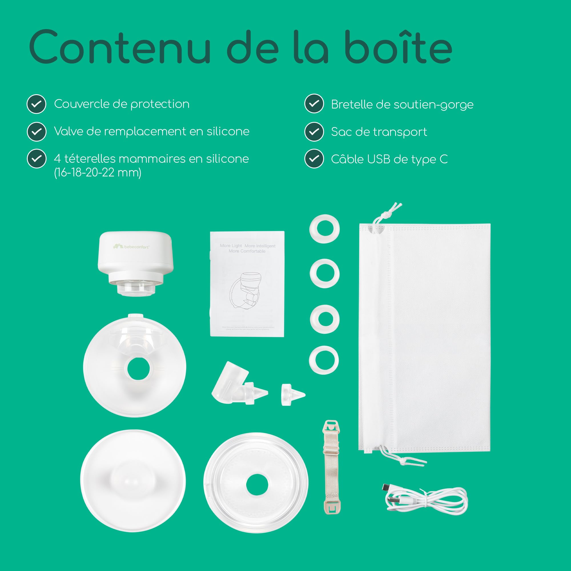 Bebeconfort Discreet Tire lait electrique main libre, Tire-lait nomade, expression silencieuse (51 db), 3 modes d'expression, 15 réglages d'intensité, batterie longue durée, grand conteneur de 210ml