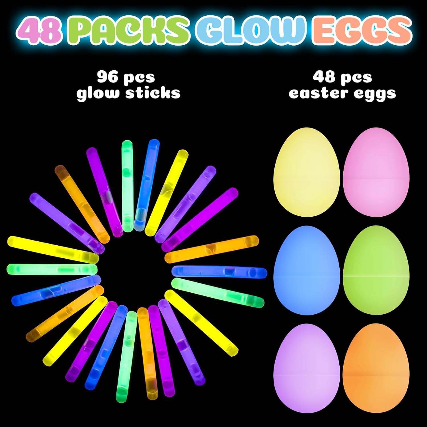 Duchong Glow in The Dark Easter Egg Bulk, 48 Fillable Plastic Eggs with 96 Mini Glow Sticks Toys Inside For Kids Girls Boys, Easter Basket Stuffers Fillers Gifts, Surprise Eggs for Easter Hunt