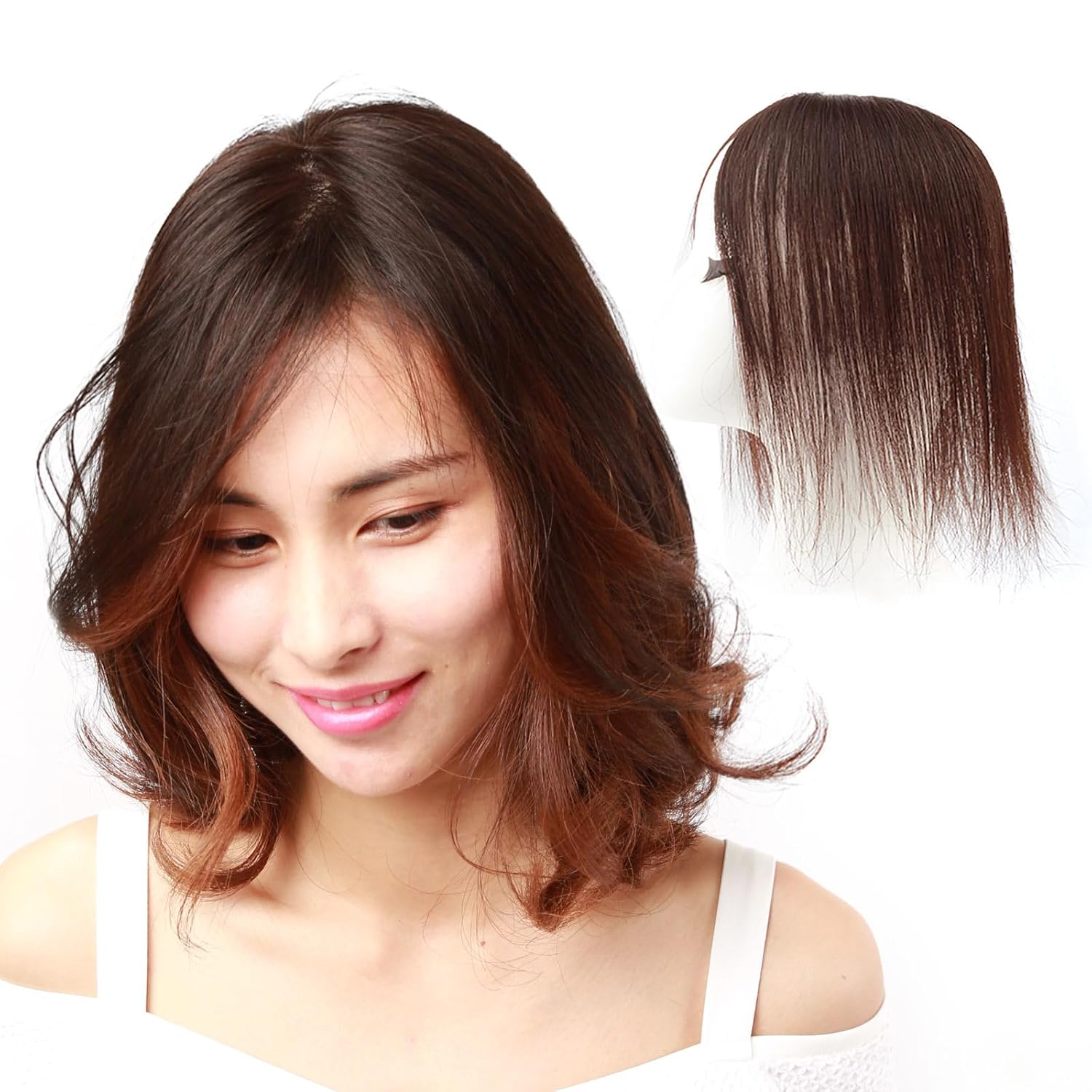 100% Human Hair Clip-on Topper - Machine Handmade Hair Pieces for Thinning Hair Loss women (25CM, BR Brown)