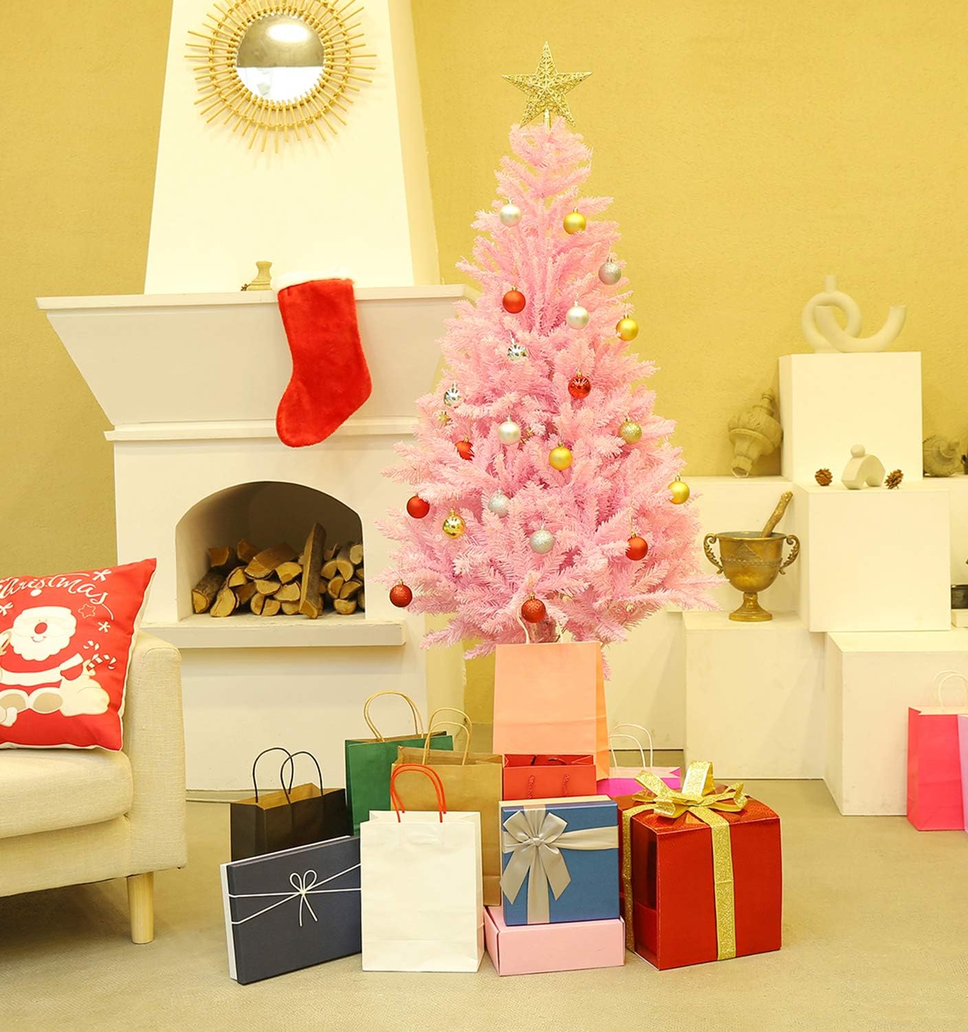 4ft/5ft/6ft/7ft Premium PVC Artificial Christmas Tree, with Christmas Tree Ornaments and Star Topper, for Xmas Holiday Home Indoor Outdoor Decoration, Foldable Metal Stand (Pink-1, 4ft)