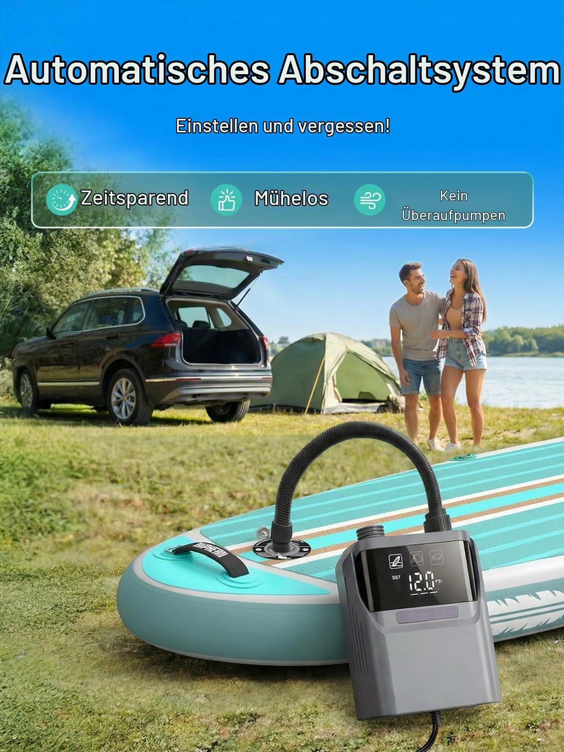 Niphean Elektrische Luftpumpe SUP mit (Extra-Langem) 300cm 12V Kabel, 50PSI SUP Pumpe Elektrisch für Auto&Luftmatratze, Luftpumpe Elektrisch für Aufblasen&Ablassen, Elektrische Pumpe mit Tragetasche