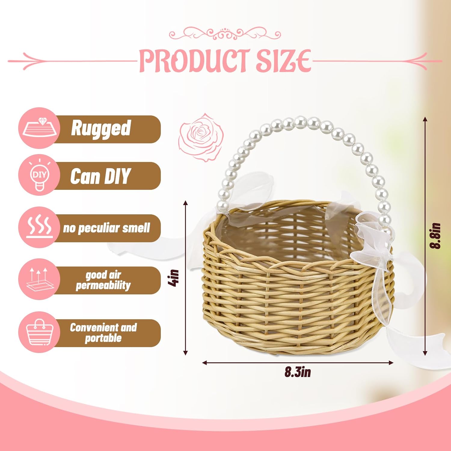 Flower Girl Basket, Wedding Flowers Basket, Large Wicker Flower Girl Basket with Pearl Handle and Ribbon Bow, Handwoven Wicker Flowers Baskets for Outdoor Picnic, Home Wedding Decor, Photo Props