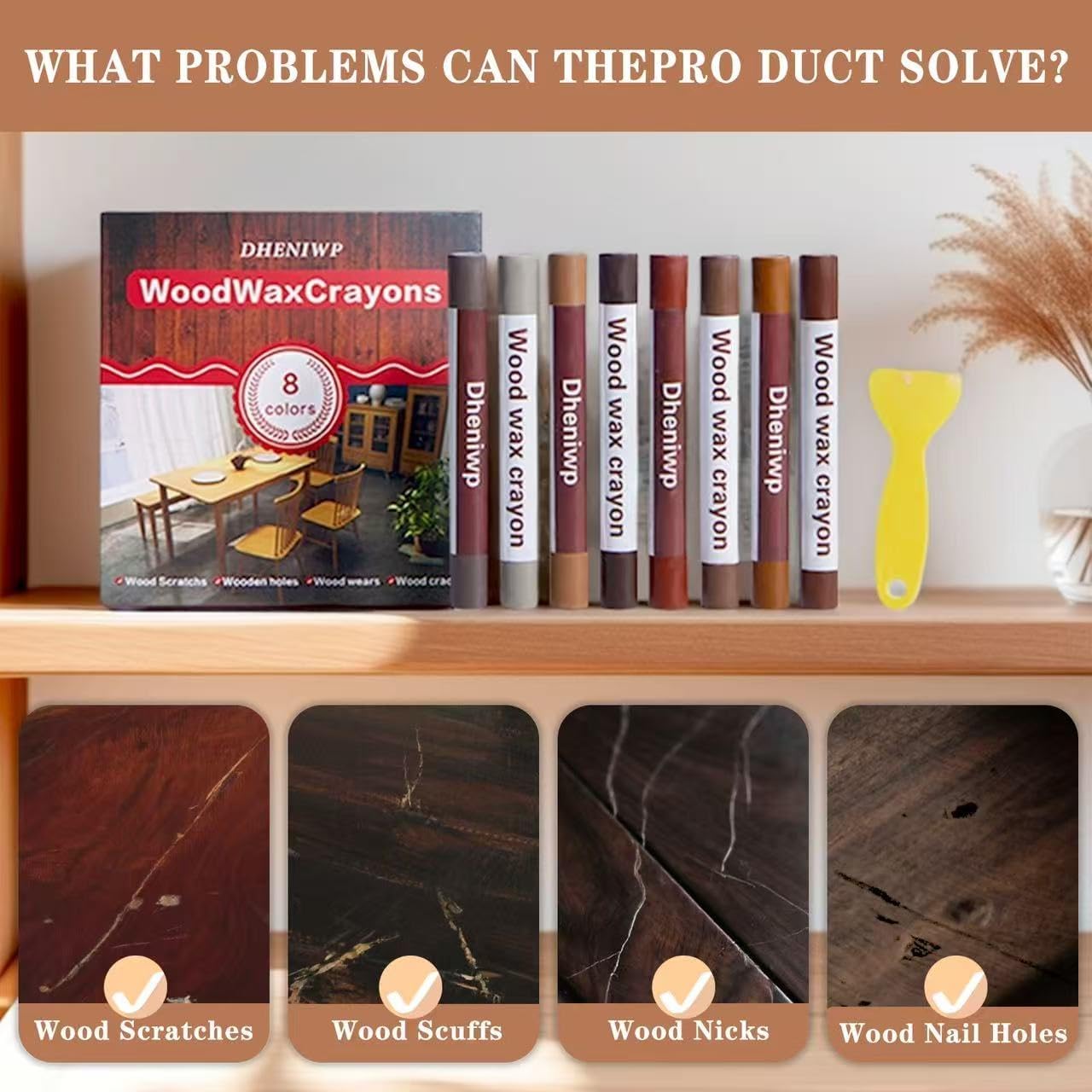 Wood Filler Sticks & Scratch Repair Kit - 8 Colors Wood Repair Crayons for Scratches, Holes on Furniture, Floors, Doors | Quick Fix