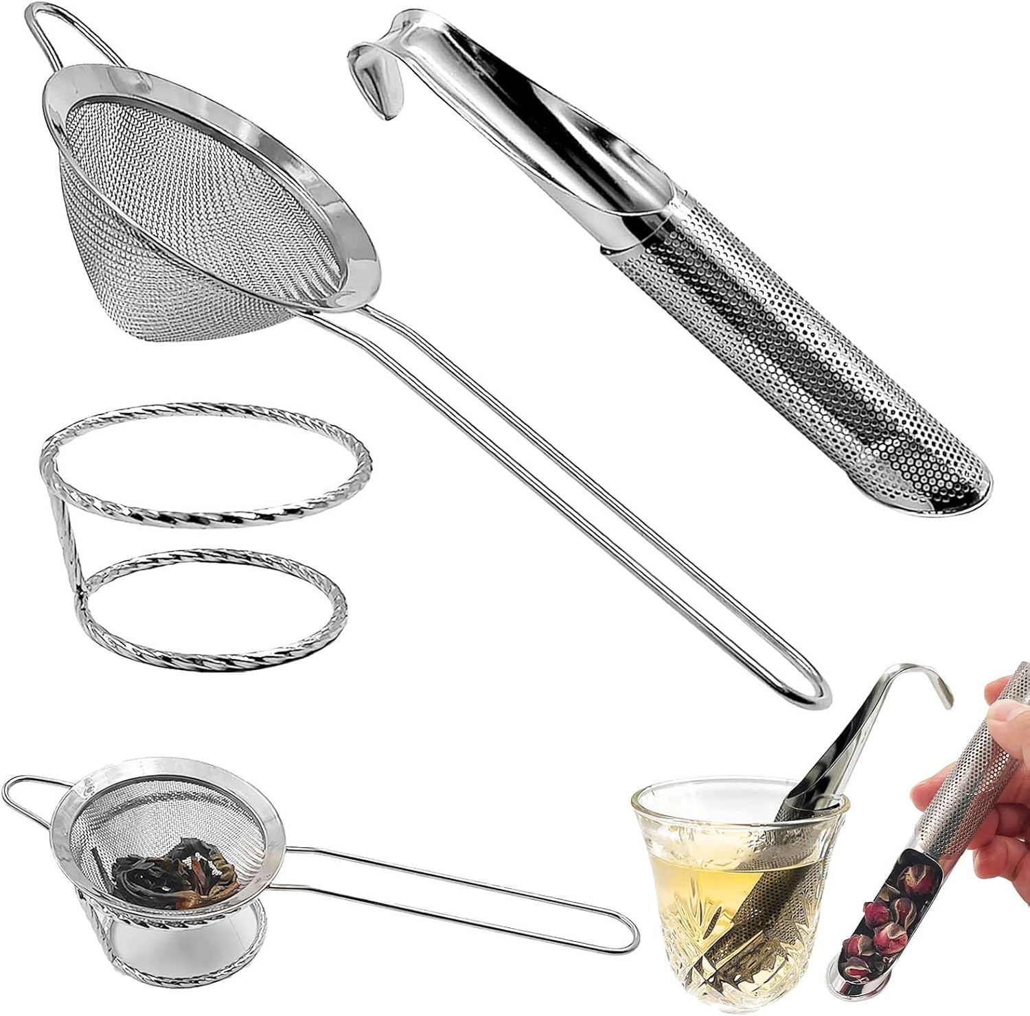 Daily Treasures 304 Stainless Steel Tea Strainer, 8.5cm Fine Mesh Conical Tea Infuser with Handle & Stand, Hook-Style Loose Leaf Tea Filter for Cup, Large Capacity for Loose Tea Coffee Cocktail Herbs