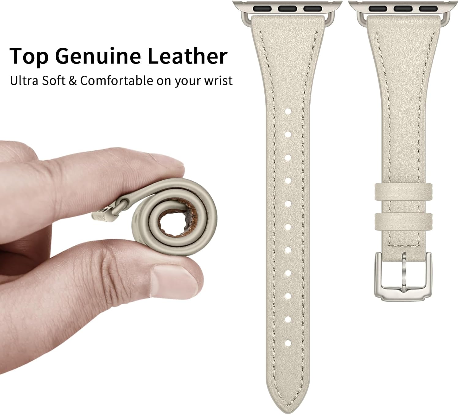 Slim Leather Bands Compatible with Apple Watch Band 46mm/49mm/45mm/44mm/42mm, Genuine Leather Strap for iWatch Series 11/10/9/8/7/6/5/4/3/2/1 SE 3/2/1 Ultra 3 2 1 Women, Starlight/Starlight - Image 3