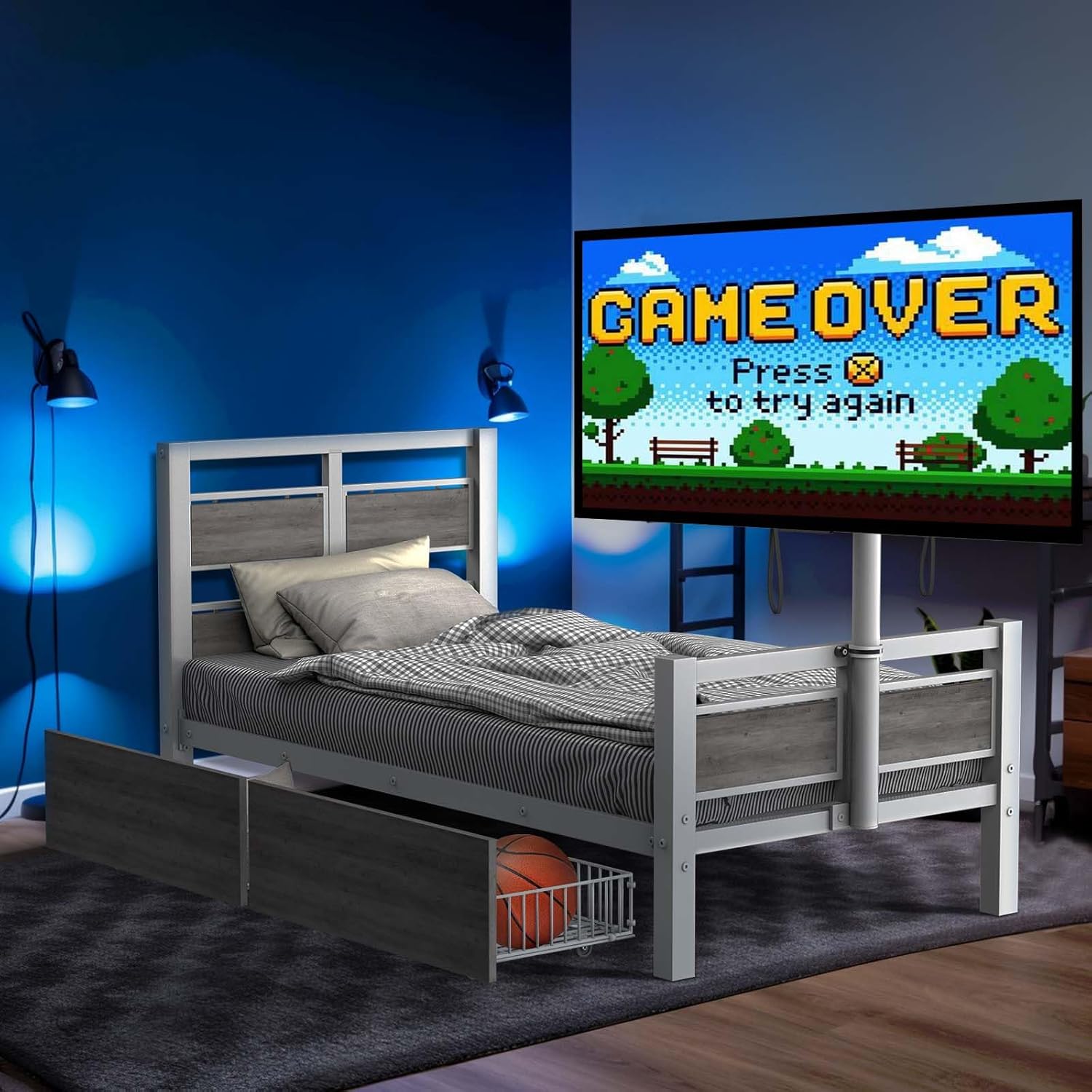 Tatub Twin Modern Gaming Bed Set, Industrial Bed Frames for