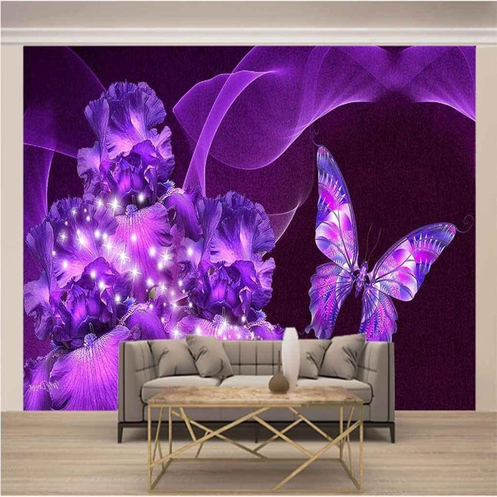 Décoration de la maison fleur violette effet 3D pour fond TV poétique et moderne