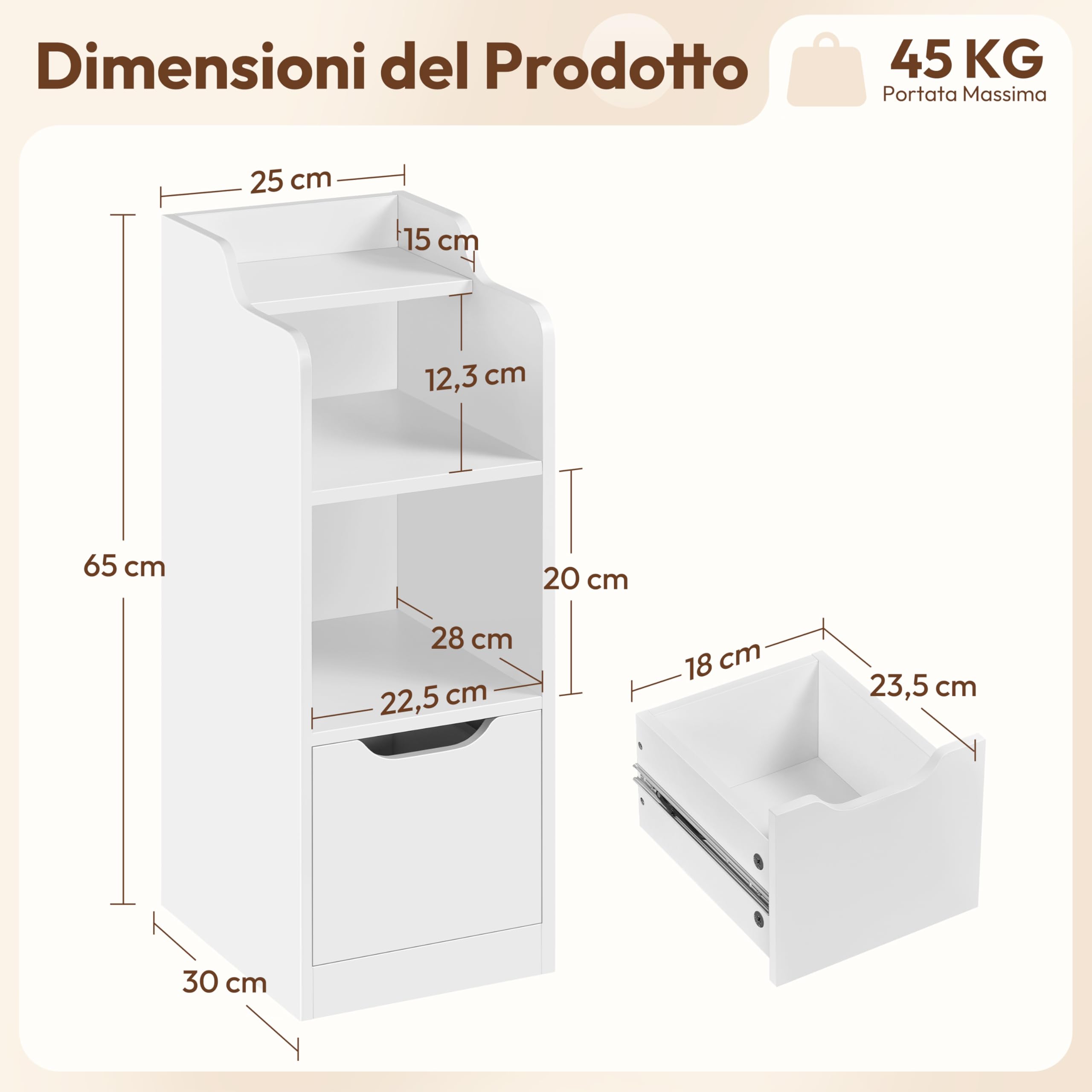 Yaheetech Comodino Stretto, Comodino con Cassetto, 2 Scomparti Apert e Ripiano Superiore, Tavolino da Notte Salvaspazio per Camera da Letto, Soggiorno, Bianco 25 x 35 x 65 cm